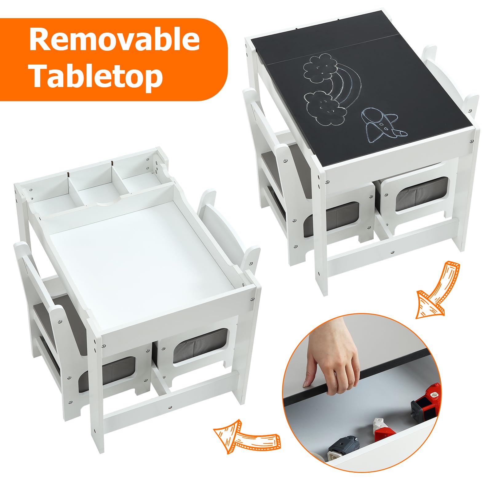 GARVEE 3-in-1 Kids Table and Chair Set with Storage Drawer - Wooden Activity Table for Toddlers Arts & Crafts - 2-in-1 Tabletop - Natural Material Playroom Furniture for Home, Kindergarten, Daycare - Perfect for Drawing, Learning & Playtime - Grey