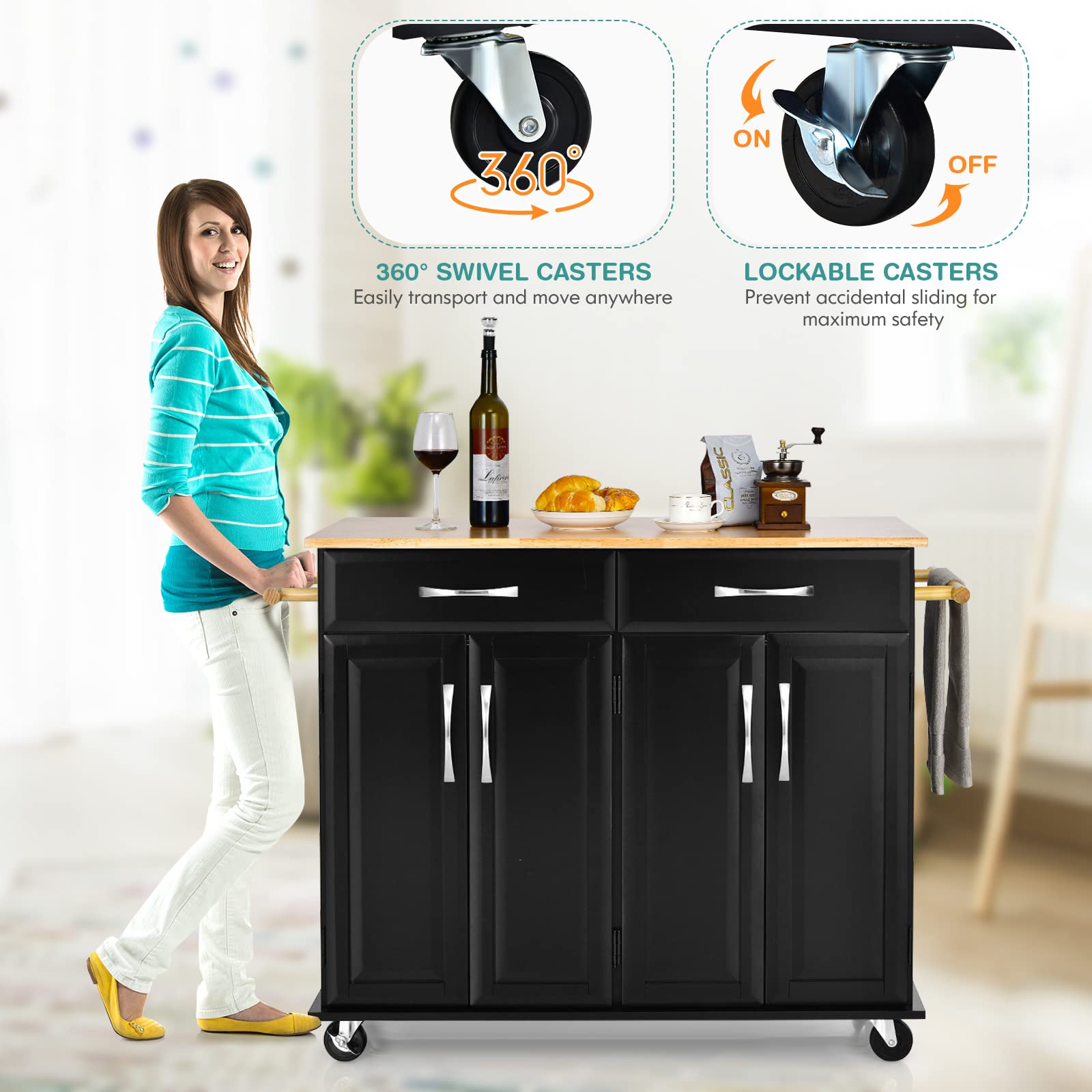 Giantex Large Kitchen Cart with 2 Drawers & Storage Cabinets - Adjustable Shelves, Lockable Casters, Rubber Wood Countertop & Towel Rack - Mobile Kitchen Island for Small Spaces - Perfect for Apartments, Dorms & Home Cooking - Easy Assembly (Black)