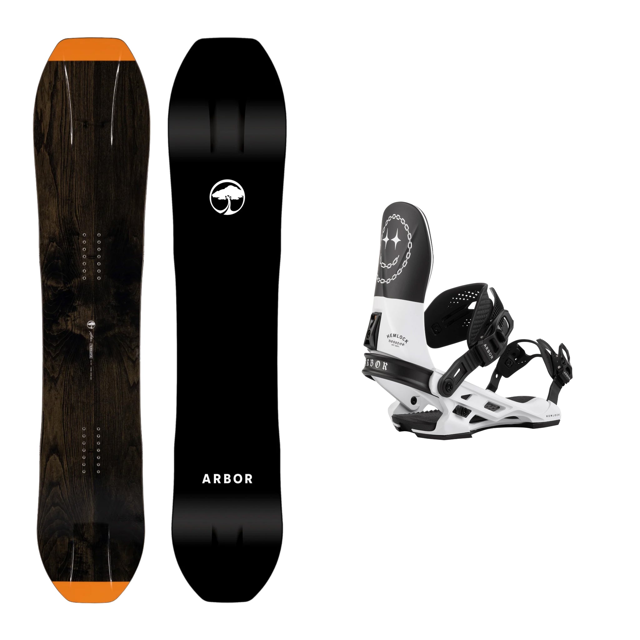 **Arbor Terrapin Rocker Snowboard with Arbor Hemlock Boss Dog Bindings 2025 - Perfect for All-Mountain Riding & Freestyle Snowboarding**
