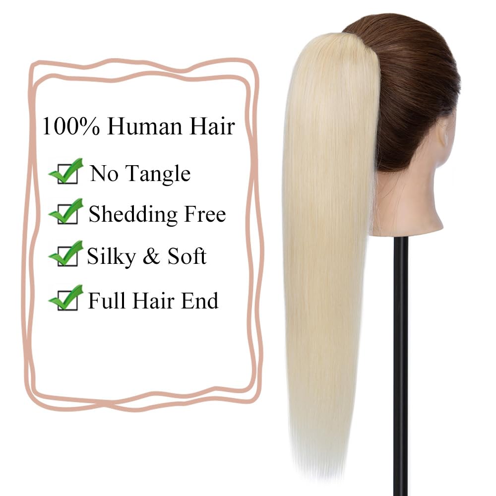 MY-LADY Human Hair Ponytail Extension Clip - 14 Inch Long Straight Real Human Hair Pony Tail for Women - Platinum Blonde 105g - Perfect for Parties, Weddings & Everyday Styling