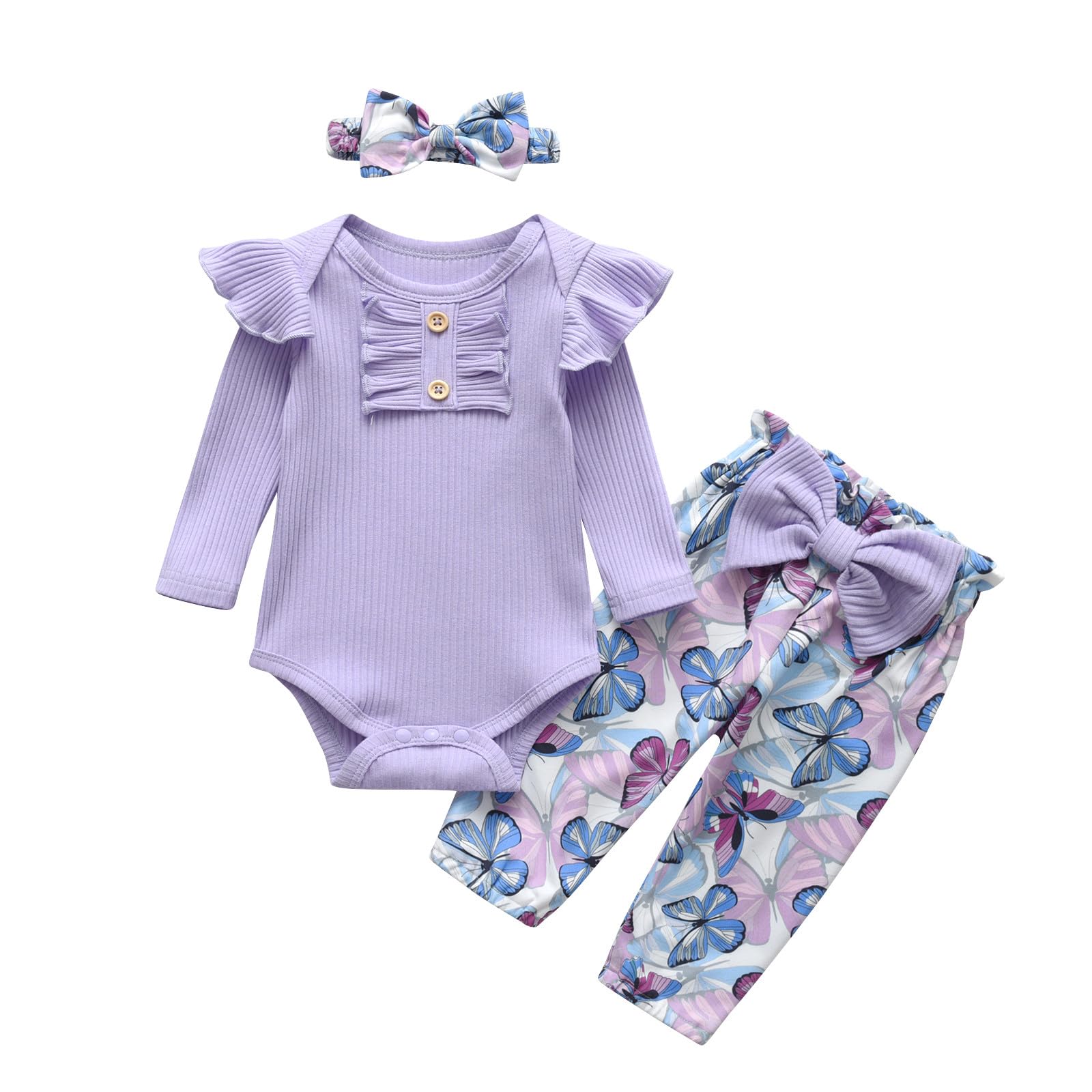 Newborn Baby Girl Outfits - Floral Printed 3-Piece Long Sleeve Top & Pants Set | Soft Cotton Clothes for Infant Girls 0-3 Months | Perfect for Photo Shoots, Family Gatherings & Special Occasions