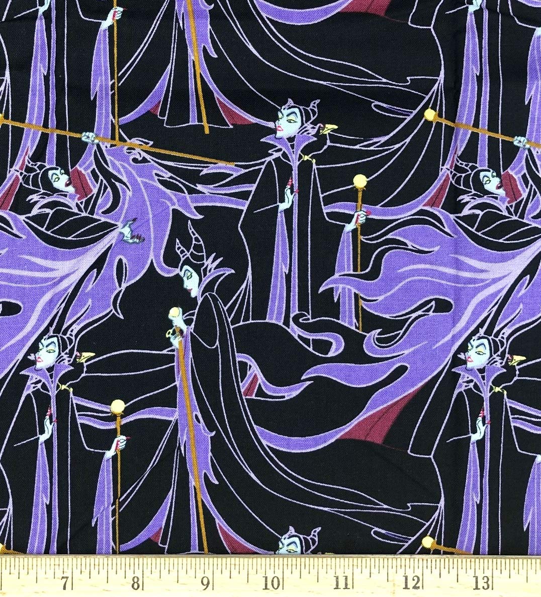 Disney Villains Maleficent in Lavender on Black Cotton Fabric - 1 Yard x 44