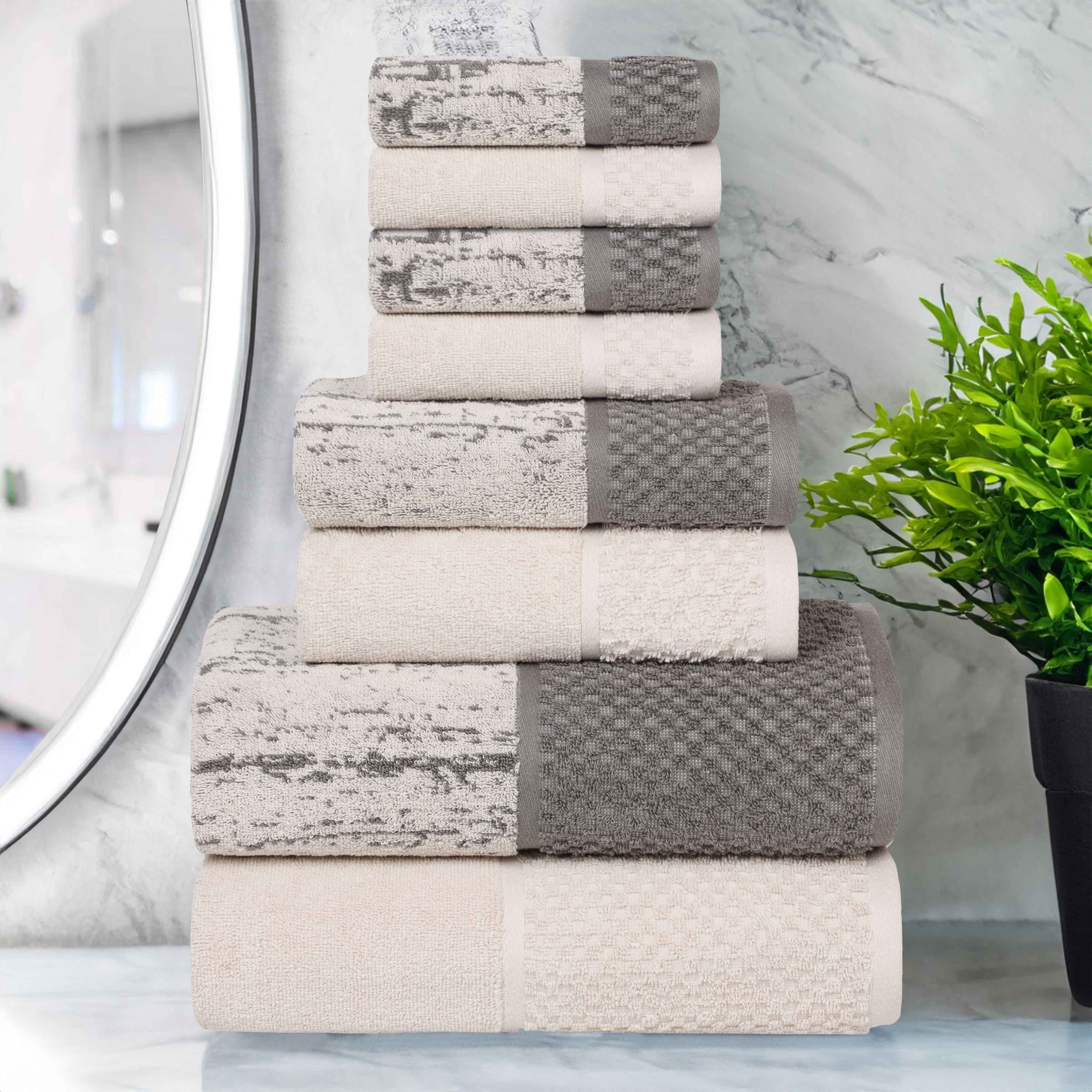 Premium 8-Piece Cotton Plush Jacquard Towel Set - Soft & Absorbent Solid & Two-Toned Bath Towels for Luxury Spa, Bathroom & Guest Use