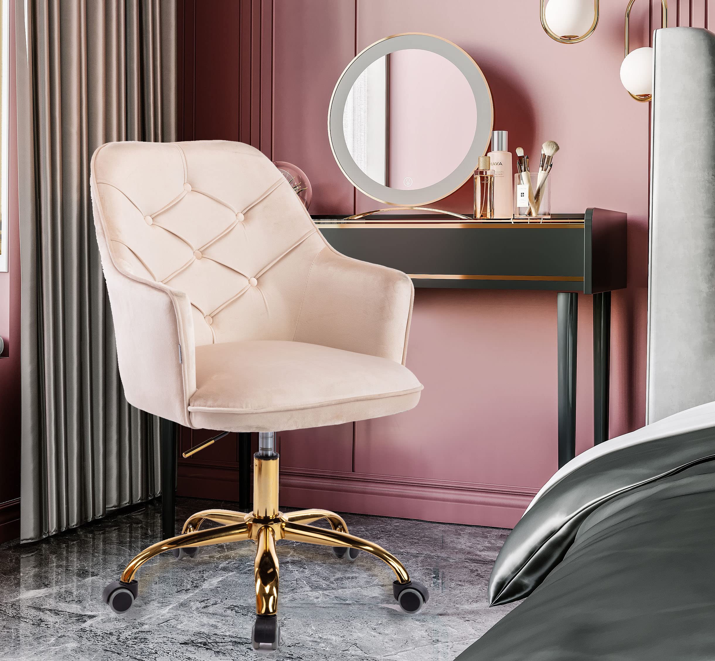 Yoluckea Modern Velvet Home Office Chair - Adjustable Swivel Desk Chair for Adults & Teens, Ergonomic Upholstered Task Chair for Living Room, Study or Vanity (Beige) | Perfect for Home Office, Gaming Setup & Dorm Room