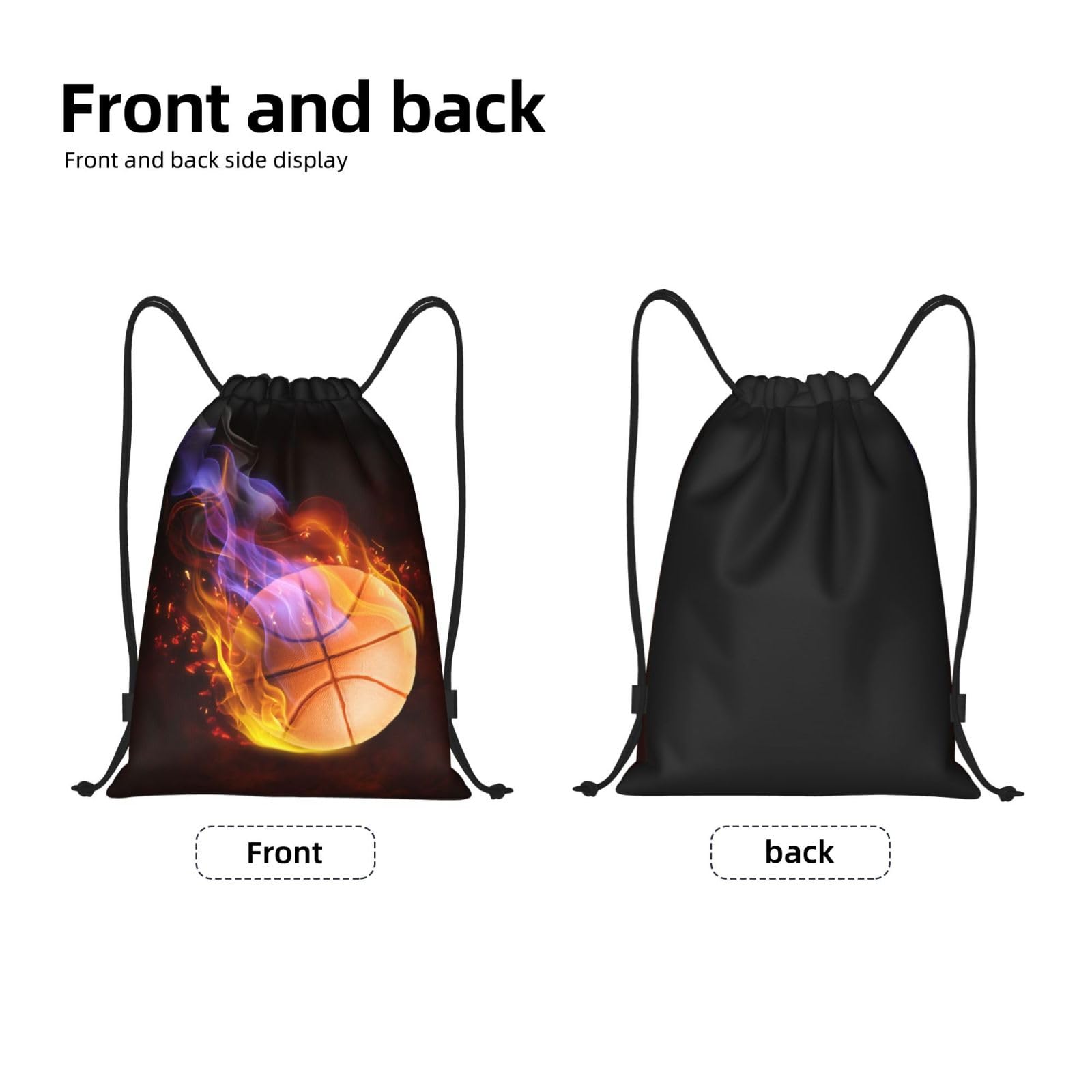 Fire Basketball Drawstring Backpack for Kids, Teens & Adults - Lightweight Sports Daypack for School, Gym, Travel, Hiking & Work - Black Medium Drawstring Bag for Boys, Girls, Men & Women