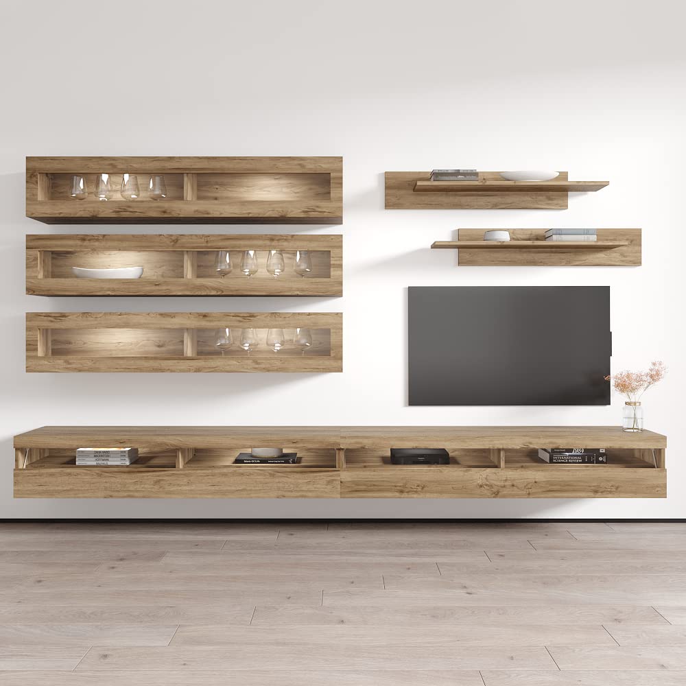 Modern Floating TV Stand with Storage & LED Lights - Wall-Mounted Entertainment Center for Bedroom & Living Room - Oak Wood TV Console with Shelves - Perfect for Small Spaces & Home Theater Setup