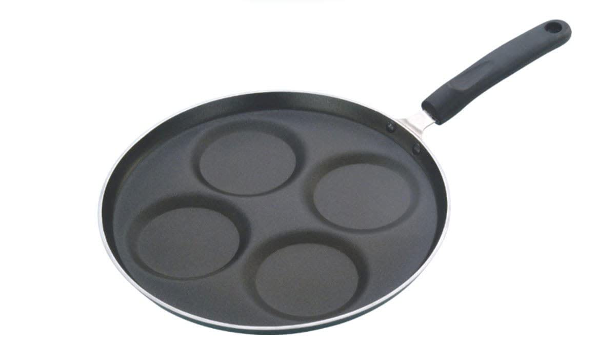 Non-Stick Aluminum 4-Cavity Appam/Uttapam/Dosa Pan with Round Side Handle - Perfect for Indian Breakfast Cooking - Ideal for Home Kitchens & Restaurants (Black)