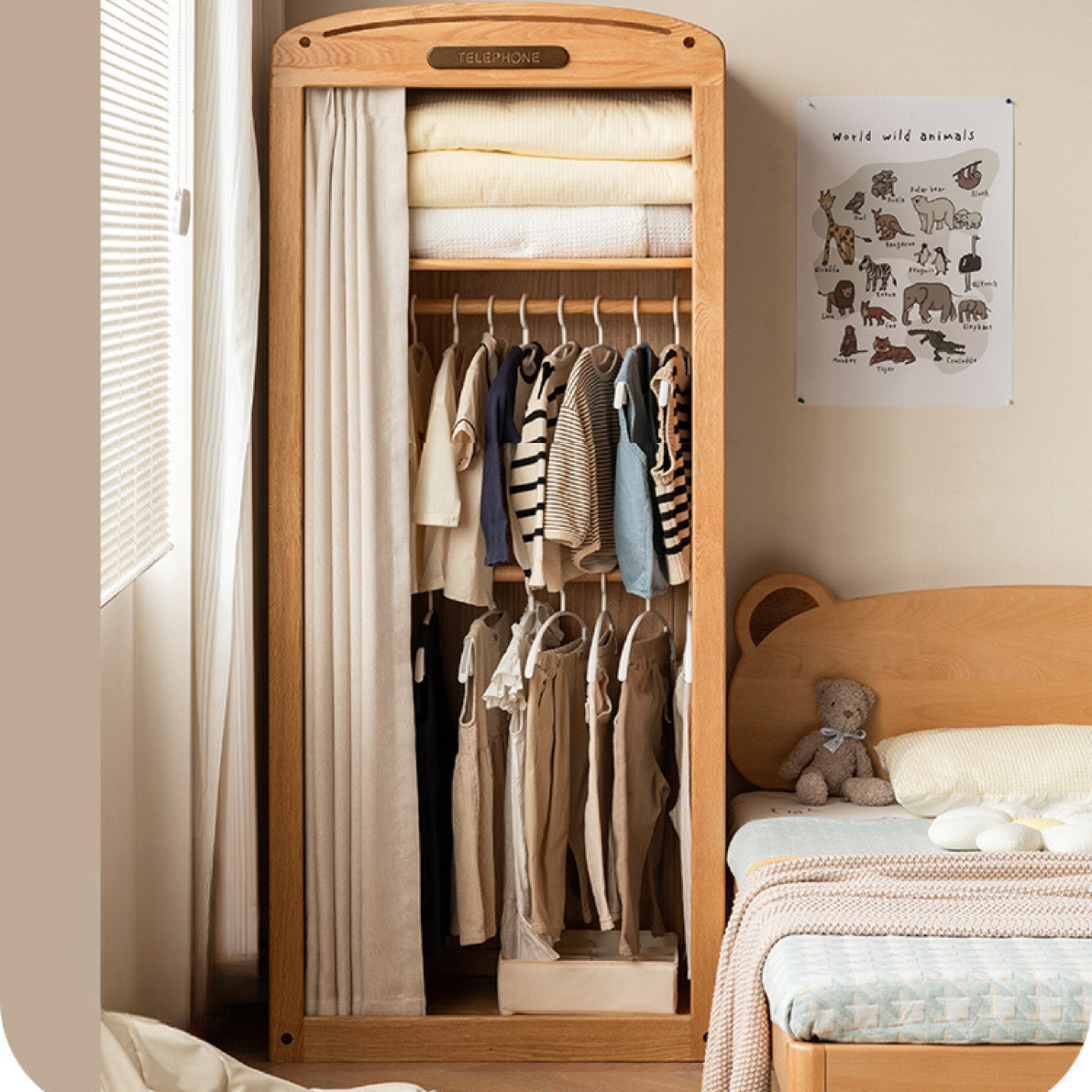 Solid Oak Wood Kids Wardrobe - Durable & Stylish Storage for Bedroom, Nursery, or Playroom Organization