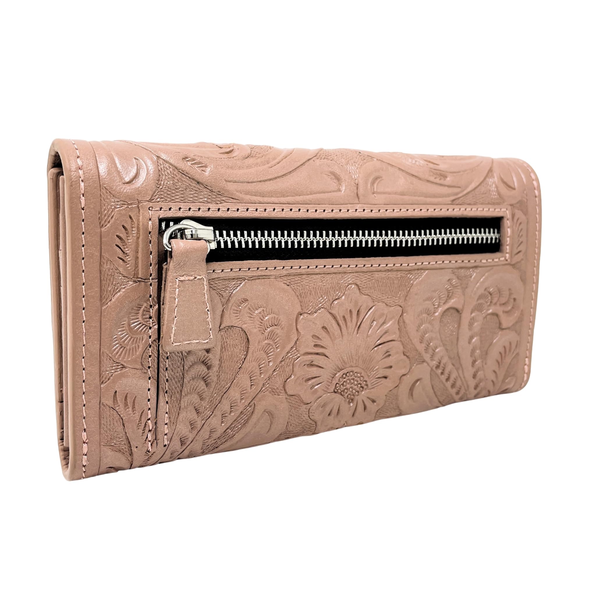 Mauzari Geneva Women's Tooled Leather Wallet - Genuine Leather RFID Blocking Bifold Wallet for Women (Blush Pink) - Perfect for Everyday Use, Travel & Gift Giving