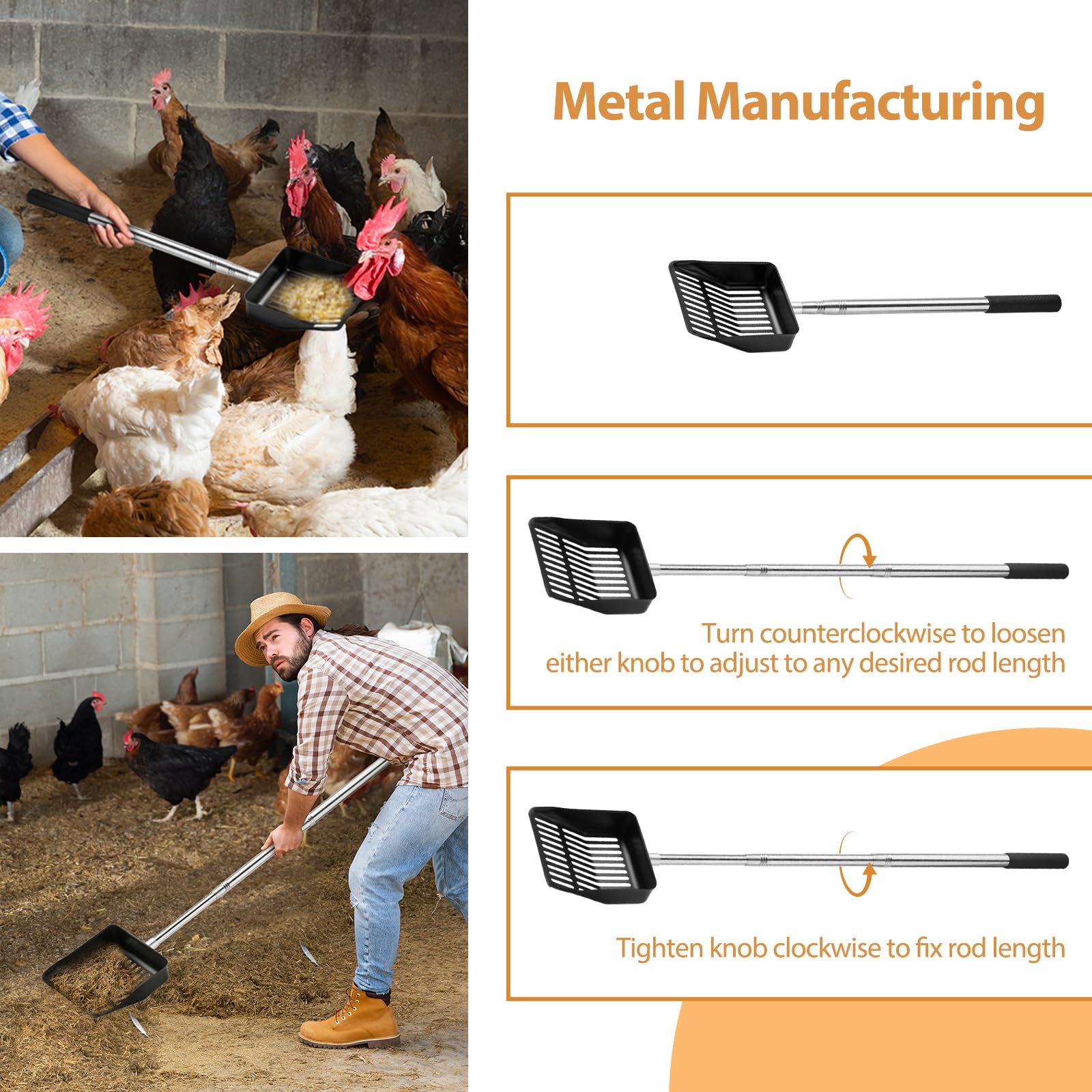 Premium 304 Stainless Steel Cat Litter Scoop & Chicken Coop Rake - Adjustable Extendable Handle (23-43 Inch) - Durable Pet Waste Scooper for Cats & Poultry - Perfect for Litter Boxes, Chicken Coops & Outdoor Use