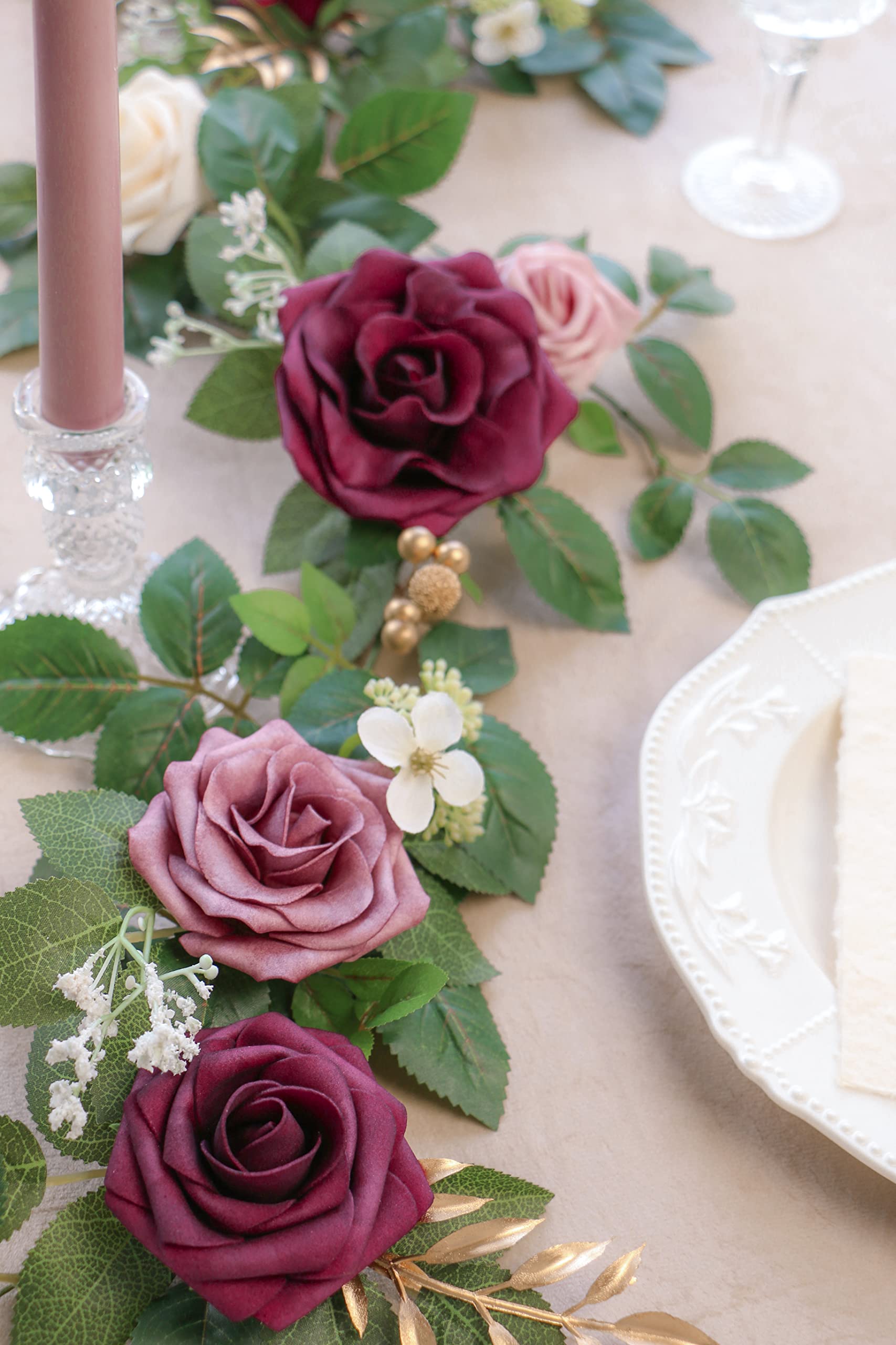 PONATIA 5FT Handcrafted Burgundy Artificial Rose Garland - Dusty Rose Silk Flowers for Wedding Arch Backdrop, Christmas Decor, Table Centerpiece - Perfect for Ceremony Decorations, Holiday Party, Home & Event Decor