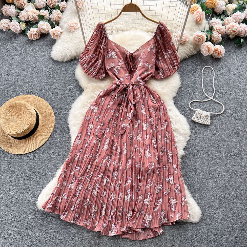 French Puff Sleeve Floral Print Chiffon Maxi Dress for Women - Elegant Summer Long Dress with Ruffle Details | Perfect for Beach Vacations, Garden Parties & Date Nights