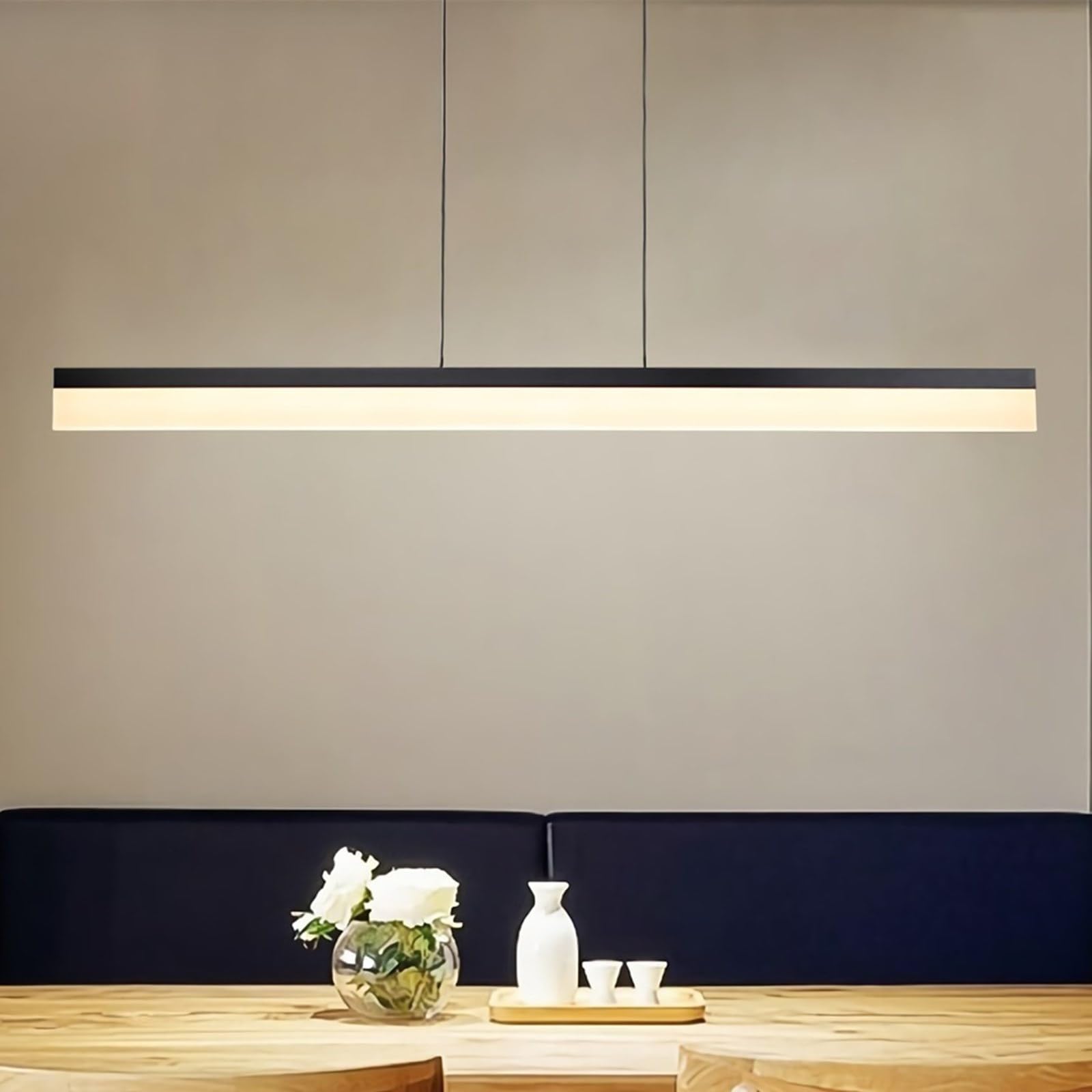 47-inch Adjustable Linear Pendant Light Fixtures - 30W Dimmable LED Kitchen Island Lighting & Dining Room Chandelier - Black Aluminum Modern Hanging Light for Home Decor, Restaurants, and Office Spaces