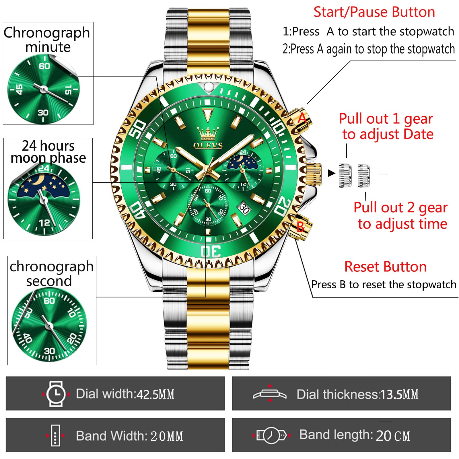 OLEVS Men's Luxury Stainless Steel Analog Quartz Watch - Big Dial, Waterproof, Luminous, Rotatable Bezel - Classic Business Wristwatch for Professional & Formal Occasions