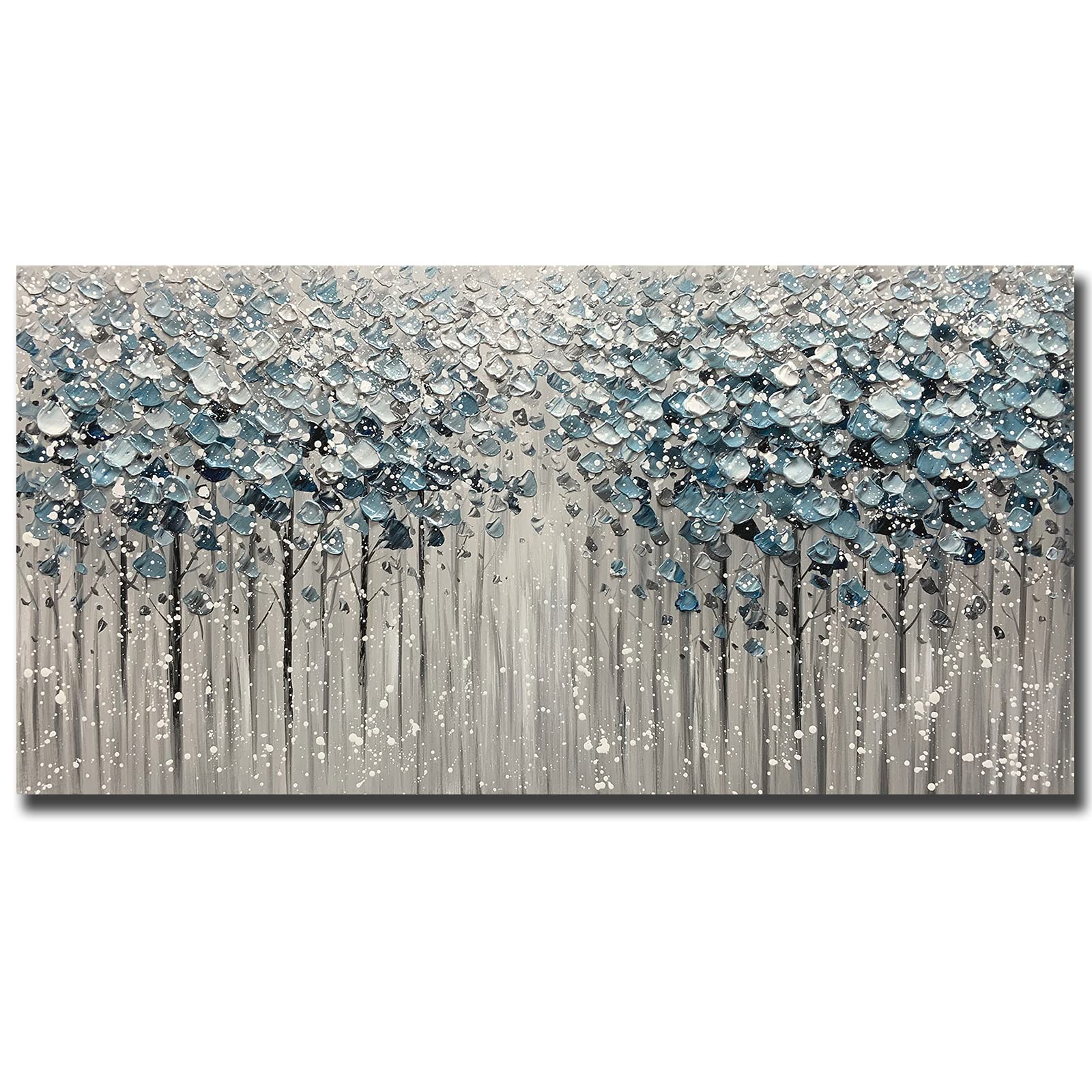Yotree 24x48 Inch Blue Forest 3D Oil Painting on Canvas - Heavy Texture Acrylic Wall Art, Wood Framed & Ready to Hang - Perfect for Living Room, Bedroom, or Office Decor