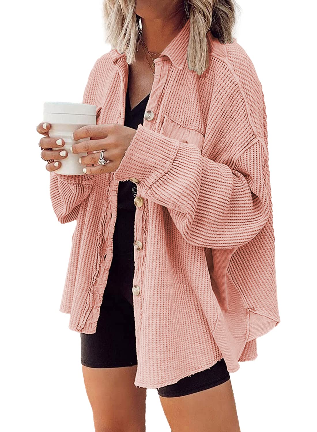 Nirovien Women's Waffle Knit Shirt Jacket - Oversized Button Down Shacket with Batwing Sleeves and Pockets | Casual Loungewear, Fall Layering, Streetwear Outfits