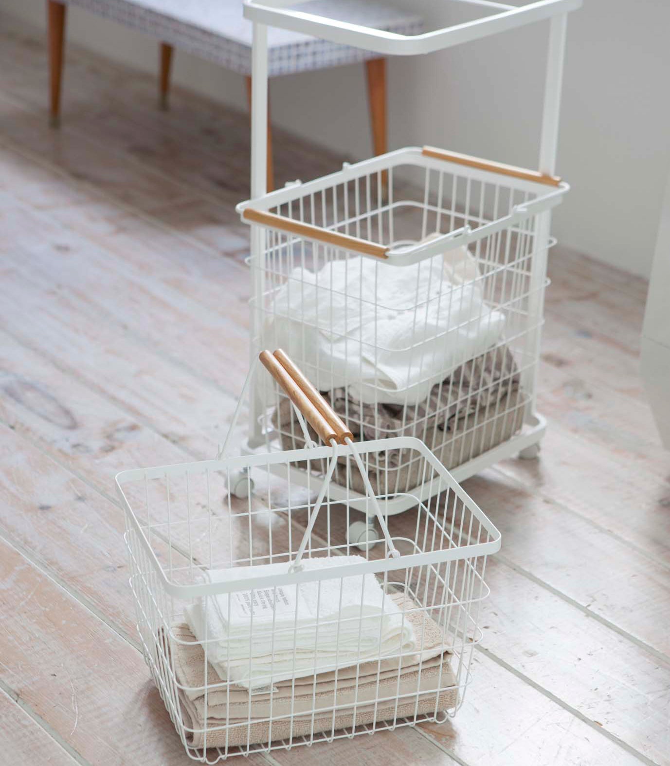 Sturdy Rolling Laundry Cart with 3 Wire Baskets - 38 Inch Height Steel Frame & Wood Top - Perfect for Bedroom, Laundry Room or Dorm Organization