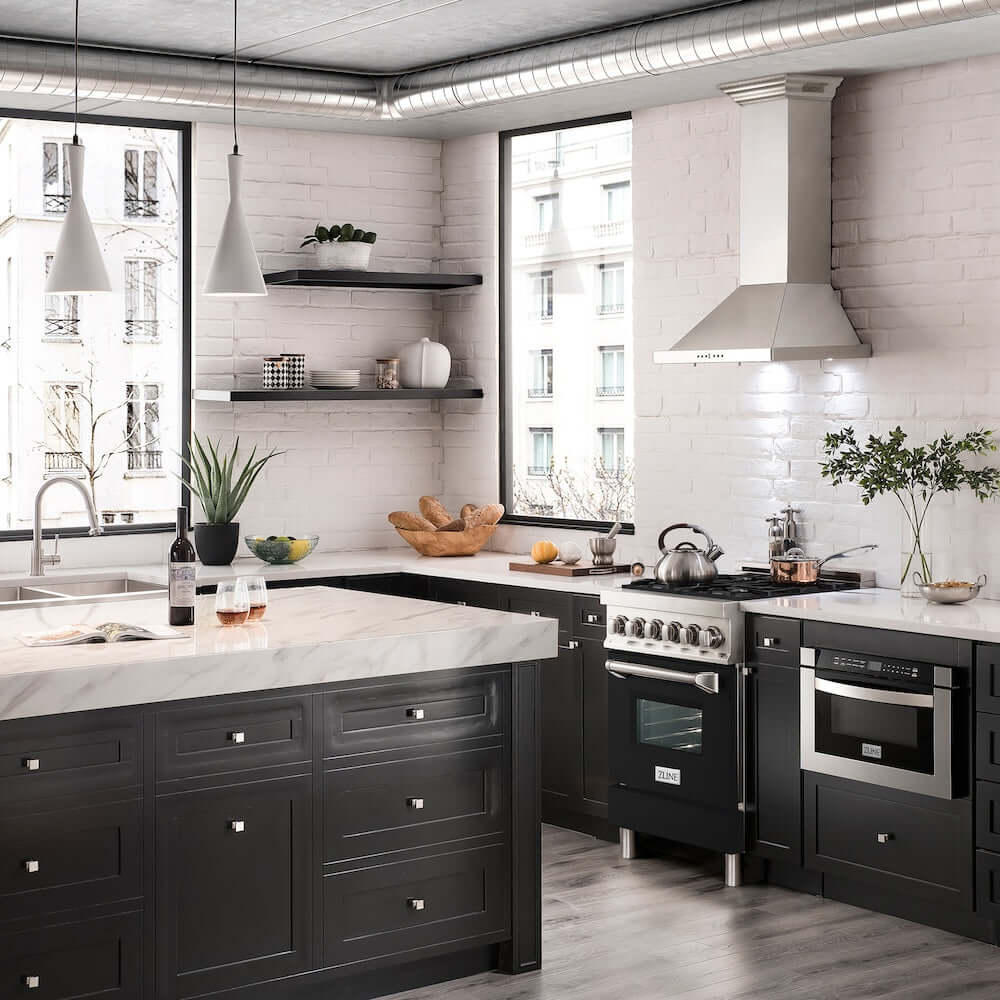ZLINE 24 Inch 2.8 Cu. Ft. Dual Fuel Range - 4 Burner Gas Cooktop & Electric Convection Oven - Stainless Steel with Black Matte Door (RA BLM 24) - Perfect for Modern Kitchens & Professional Cooking