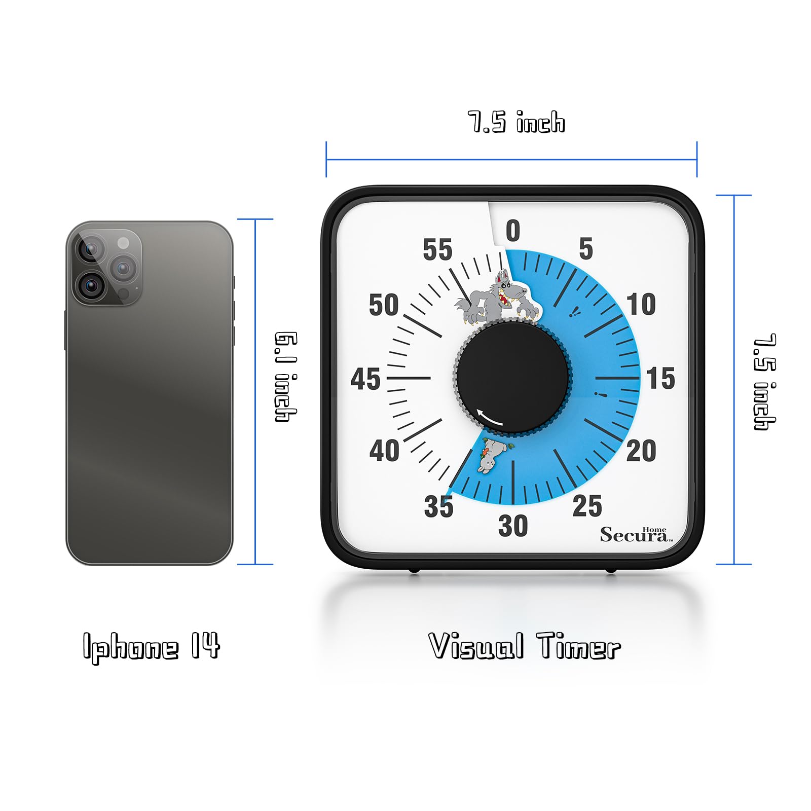 7.5 Inch Large Visual Timer for Kids - 60 Minute Countdown Clock with Cartoon Design, Mechanical Time Management Tool for Classroom, Homework & Parenting (Blue)