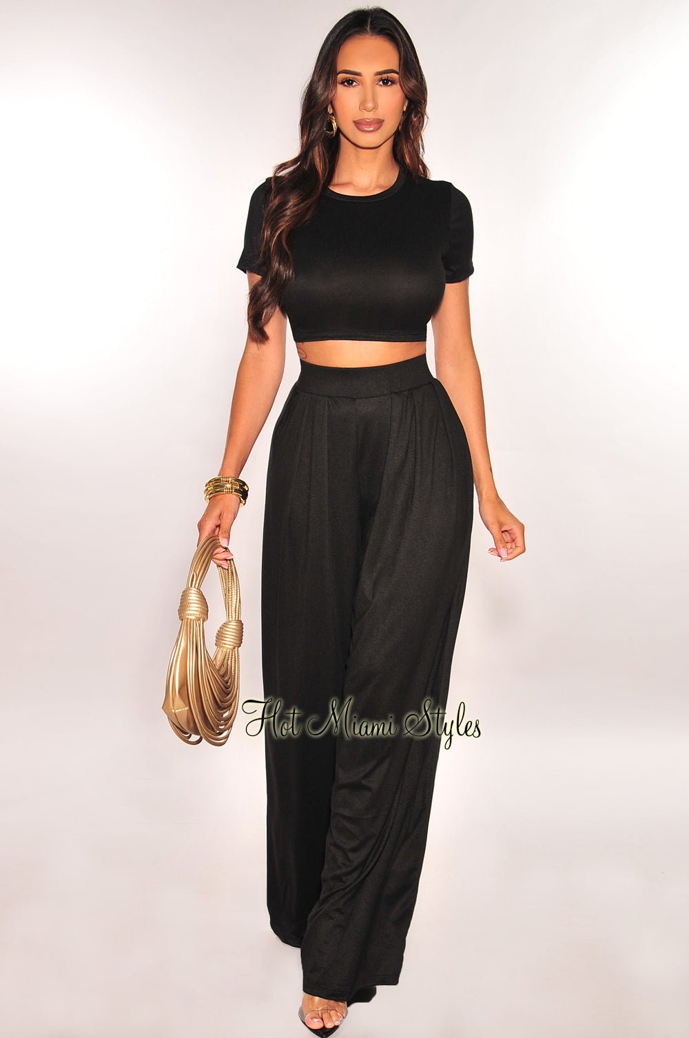 Stylish Black Short Sleeve Cropped High Waist Pleated Wide Leg Pants Two Piece Set - Trendy Summer Outfit for Women | Perfect for Casual Wear, Beach Vacation & Street Fashion