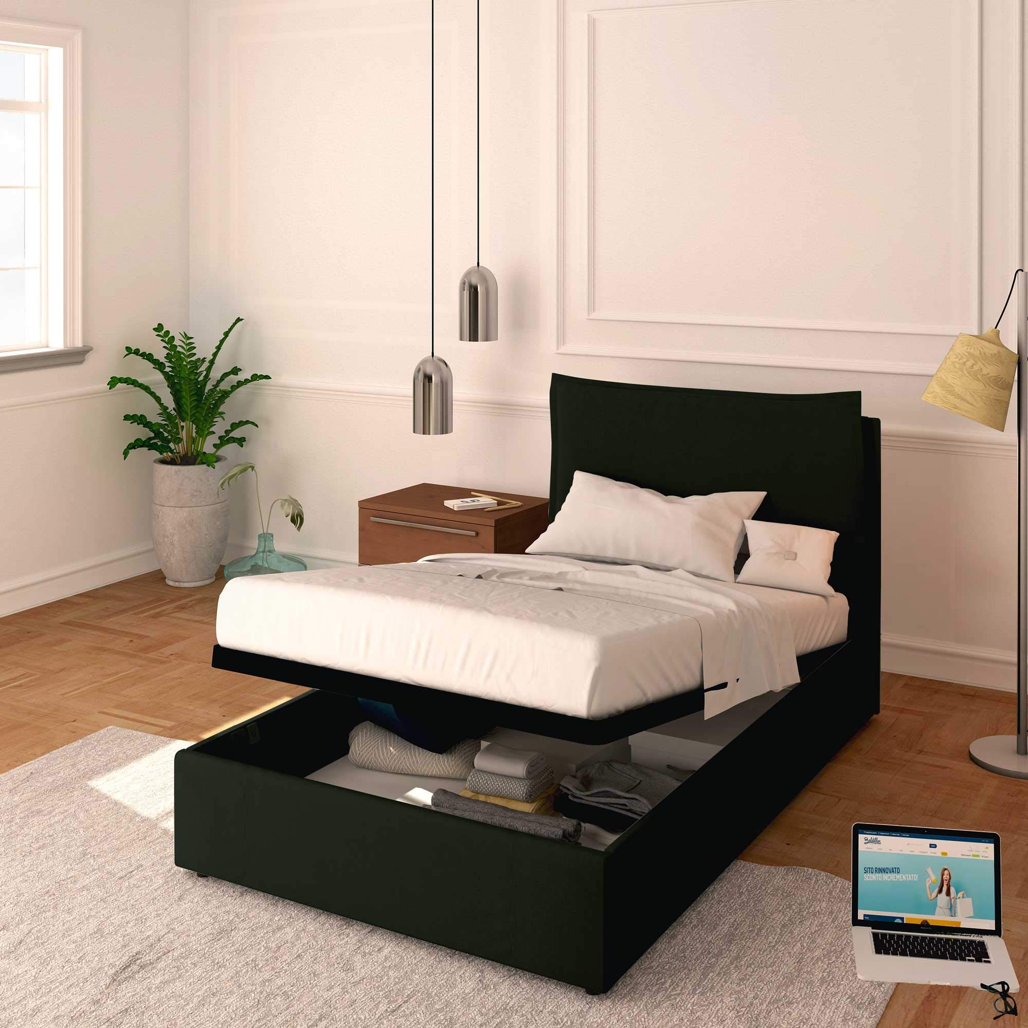 Baldiflex Licia Synthetic Leather Square and Half Bed with Storage, Slatted Base for Square and Half Mattresses, 120 x 200 cm, Finely Padded Headboard, Black - Perfect for Modern Bedrooms, Guest Rooms & Small Spaces