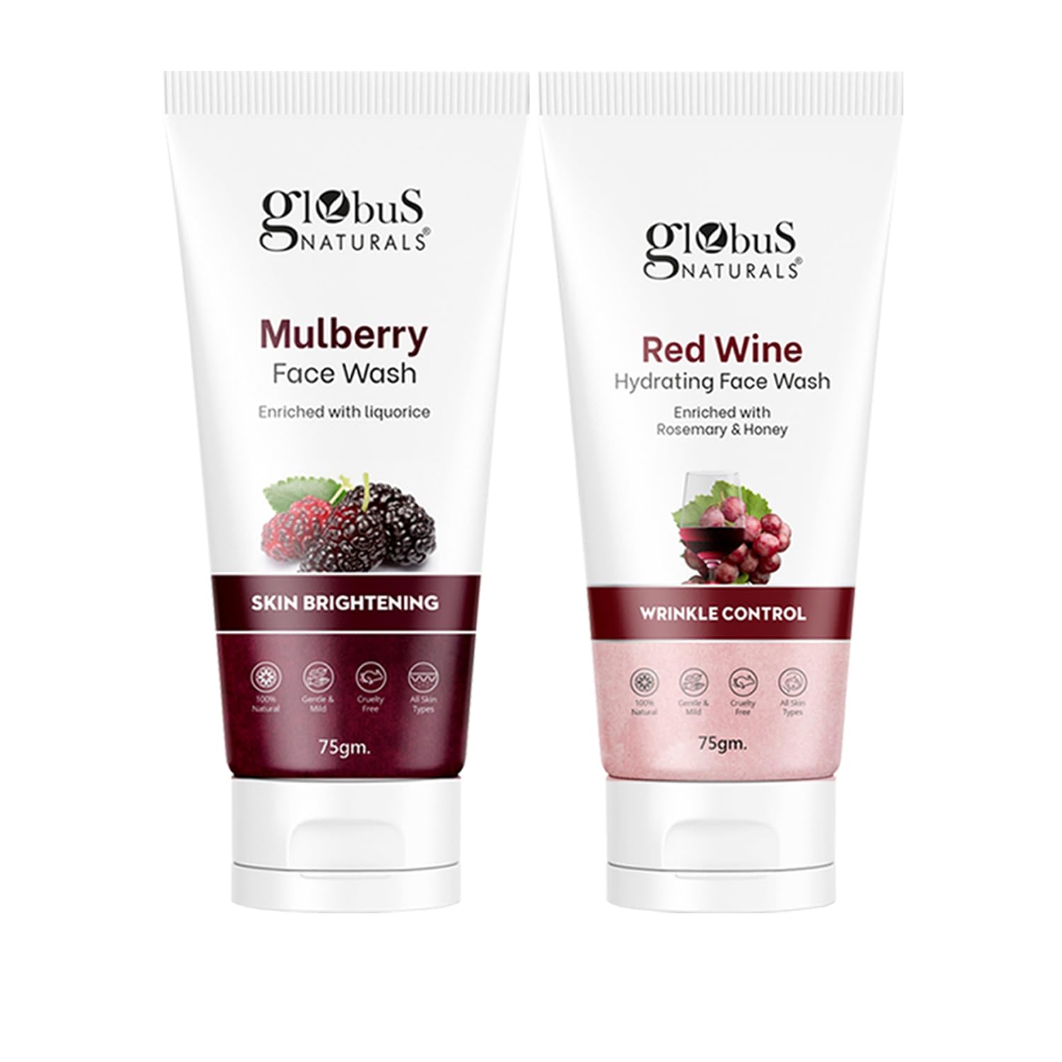 Globus Naturals Face Wash Combo Set of 2 - Skin Brightening Mulberry & Anti-Wrinkle Red Wine Facial Cleanser (75g Each) for Glowing, Youthful Skin | Daily Skincare Routine, Morning & Night Use