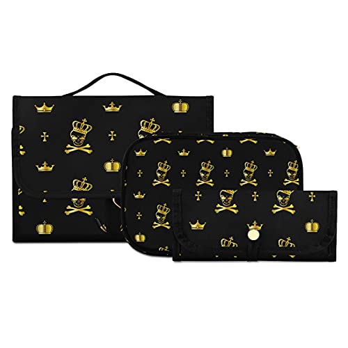 MNSRUU Gold Skull Pattern Hanging Toiletry Bag - 3 PCS Clear Travel Makeup Organizer Set for Women & Men, Portable Cosmetic Storage for Bathroom, Gym, Camping & Vacation Trips