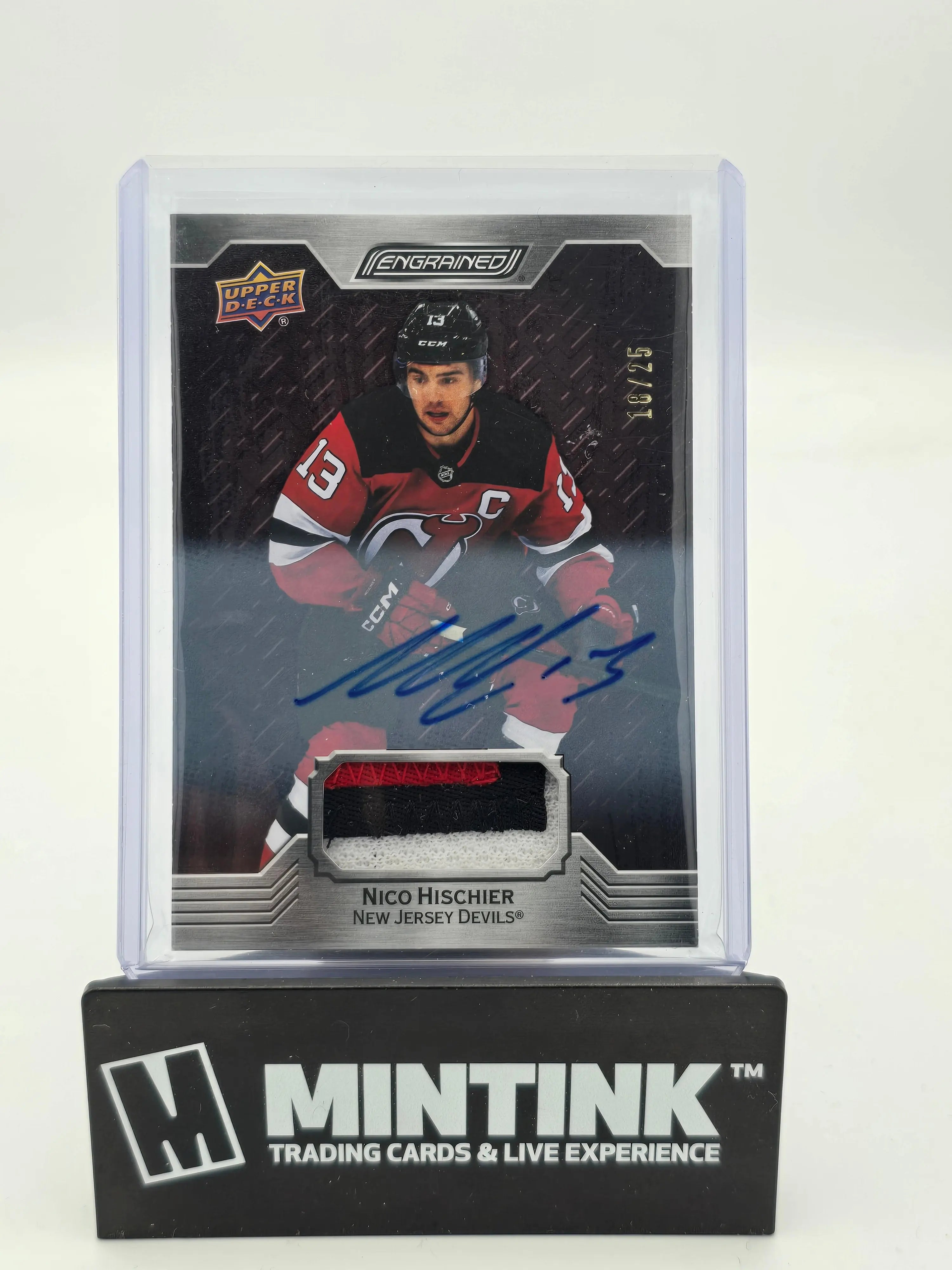 2023-24 Upper Deck Engrained Hockey Nico Hischier Mahogany Jersey Auto /25 - Rare Collectible Trading Card for NHL Fans & Sports Memorabilia Collectors - Perfect for Display, Investment & Gifting