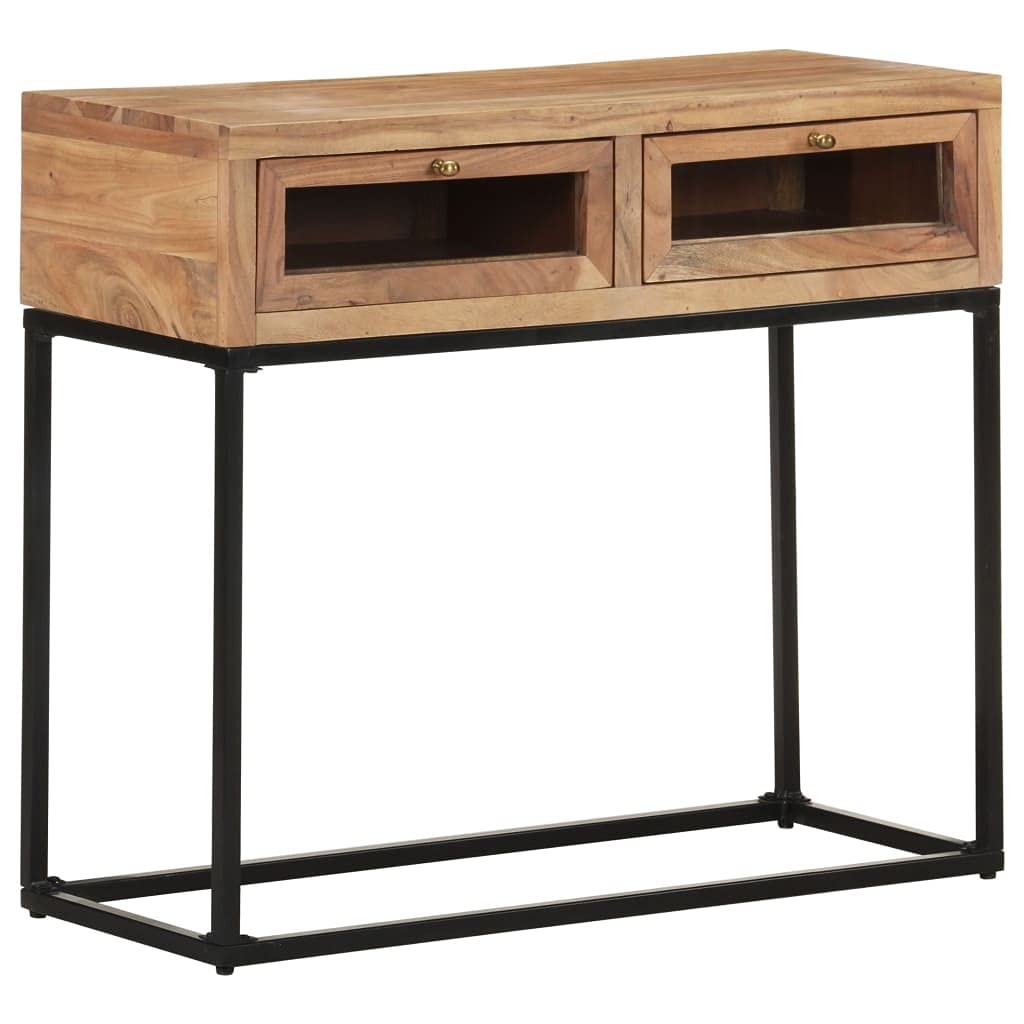Industrial Console Table with Glass Drawer - Solid Acacia Wood Entryway Table 35.4