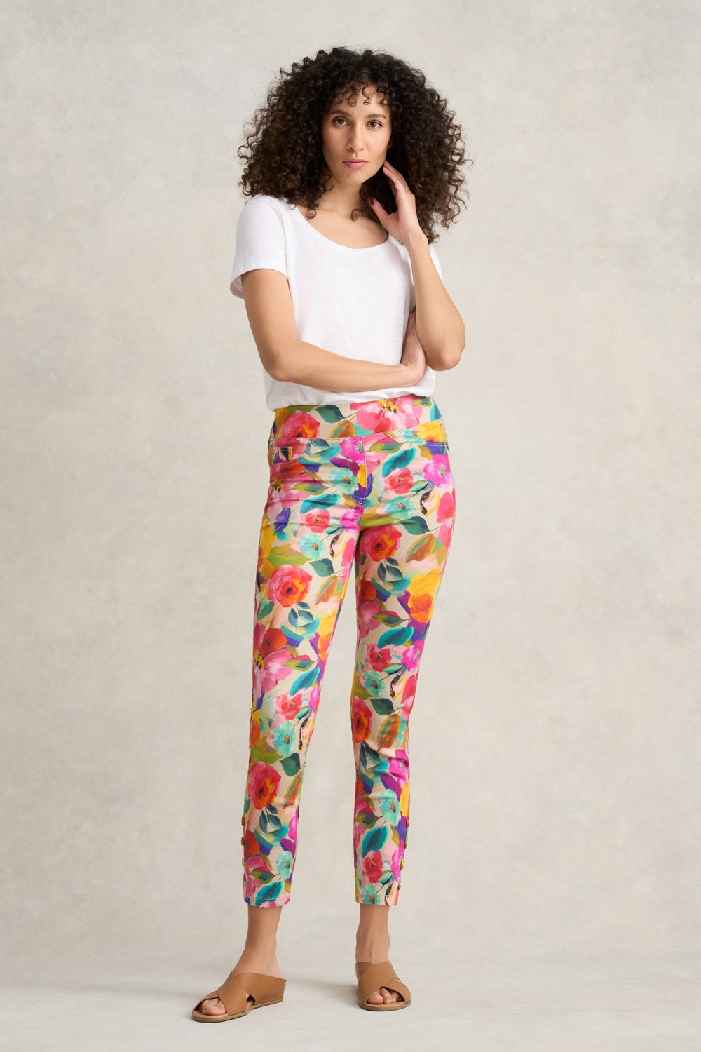 Bengajean® Women's 7/8 Length Button Detail Jeans with Multi Roses Print - Casual Chic Pants for Spring Outfits & Date Nights