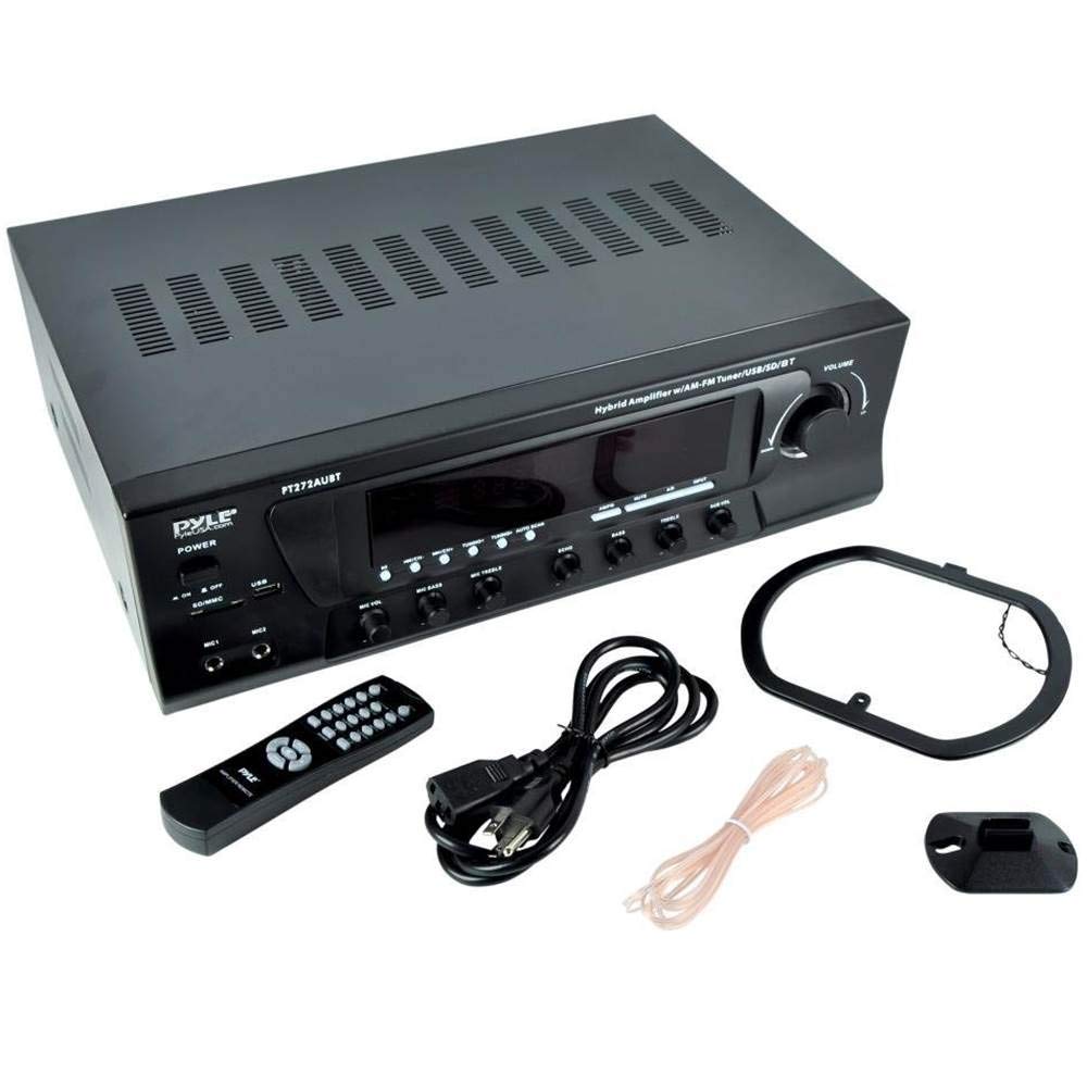 Pyle Wireless Bluetooth Audio Power Amplifier - 300W 4 Channel Home Theater Stereo Receiver with USB, AM/FM Radio, 2 Mic Inputs with Echo, RCA, LED Display, Speaker Selector - Perfect for Studio, Home Theater, Karaoke & Party Use - PT272AUBT (Black)