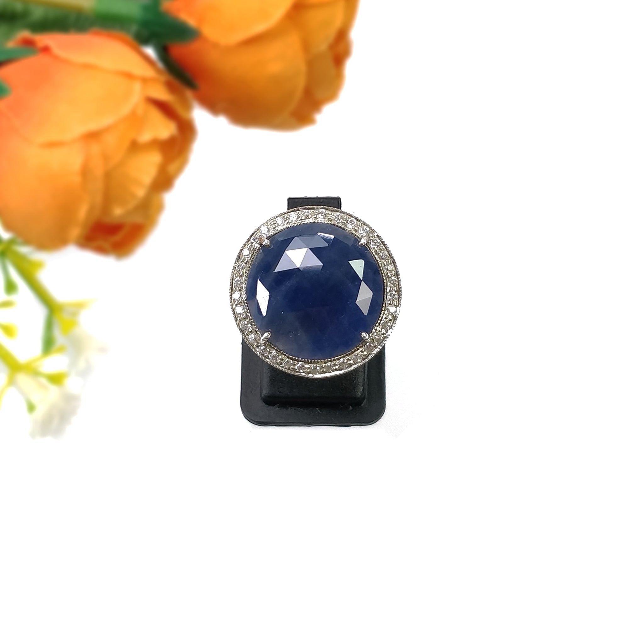 925 Sterling Silver Ring with Natural Blue Sapphire & CZ Gemstones - Rose Cut Prong Set Unisex Jewelry (Size 6.5 US) - Perfect for Engagement, Wedding, Anniversary Gifts & Everyday Elegance