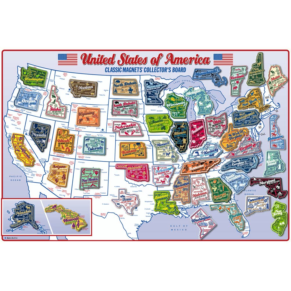 Premium 51-Piece State Magnet Collector's Set with Metal Map Display Board - Vintage USA Souvenirs for Home Decor & Travel Memories - Perfect for Geography Teachers, Travel Enthusiasts & Gift Giving