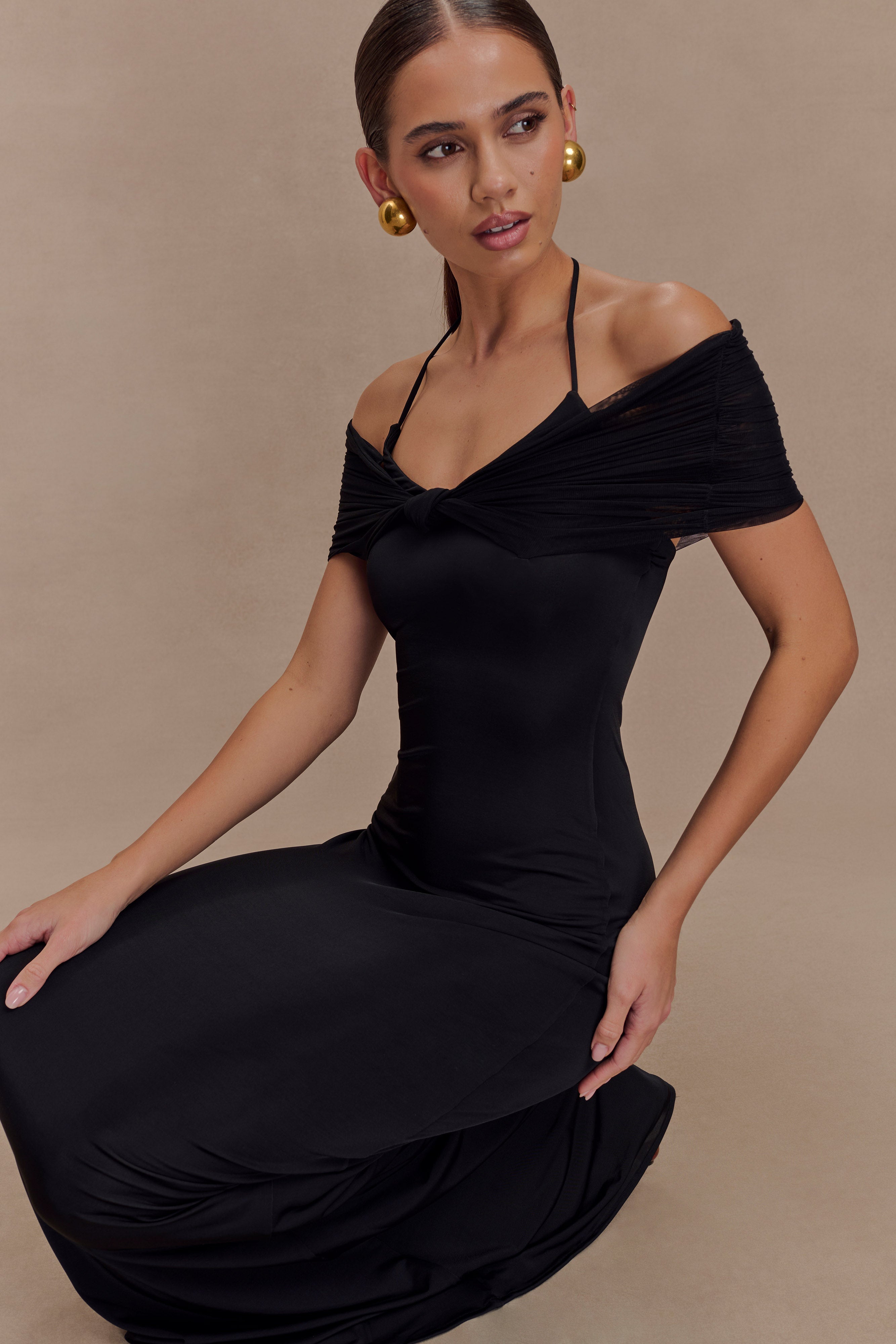 Bernadina Mesh and Slinky Halter Maxi Dress - Black | Elegant Summer Evening Gown for Beach Parties, Weddings & Date Nights