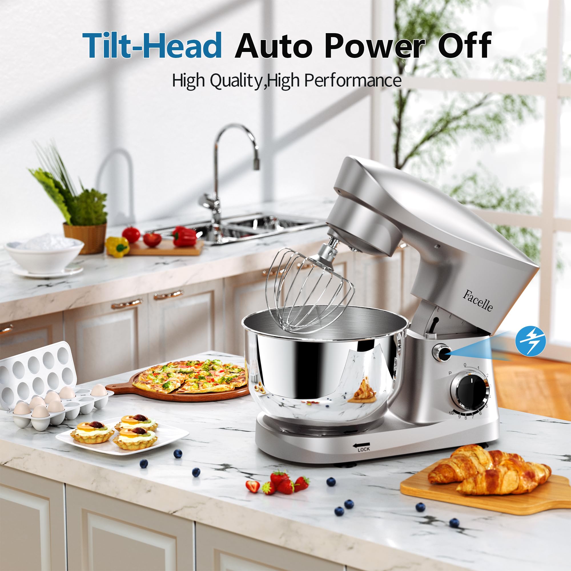 10-Speed 6QT Stand Mixer with Tilt-Head - Kitchen Electric Mixer Includes Beater, Dough Hook, Wire Whip & Egg Separator - Perfect for Baking Cakes, Cookies, Bread & Dough - Silver