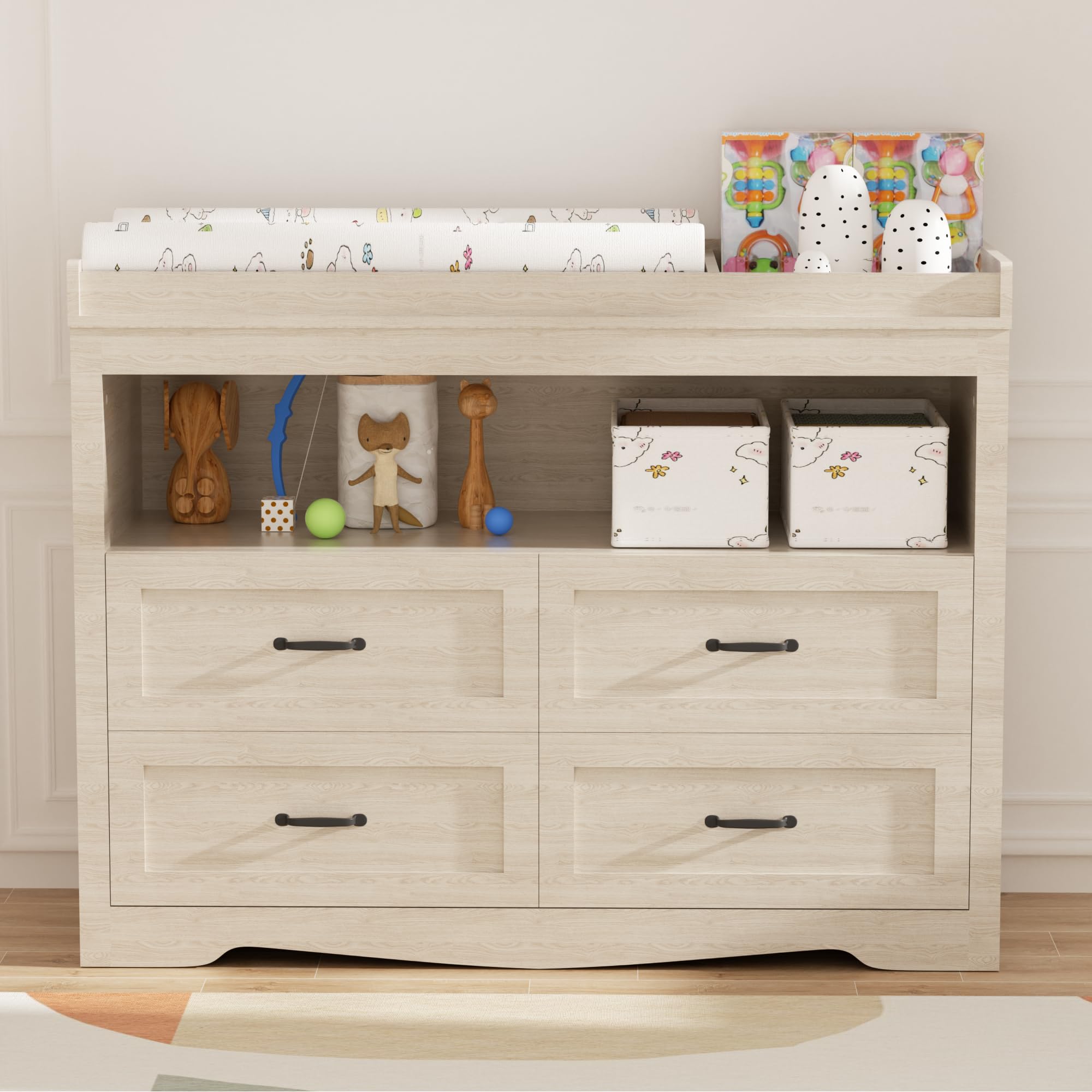 4-Drawer Baby Dresser with Changing Table Top & LED Light - Nursery Organizer with Open Storage, Diaper Changing Station - Perfect for Baby Rooms & Daycare Centers (Beige)