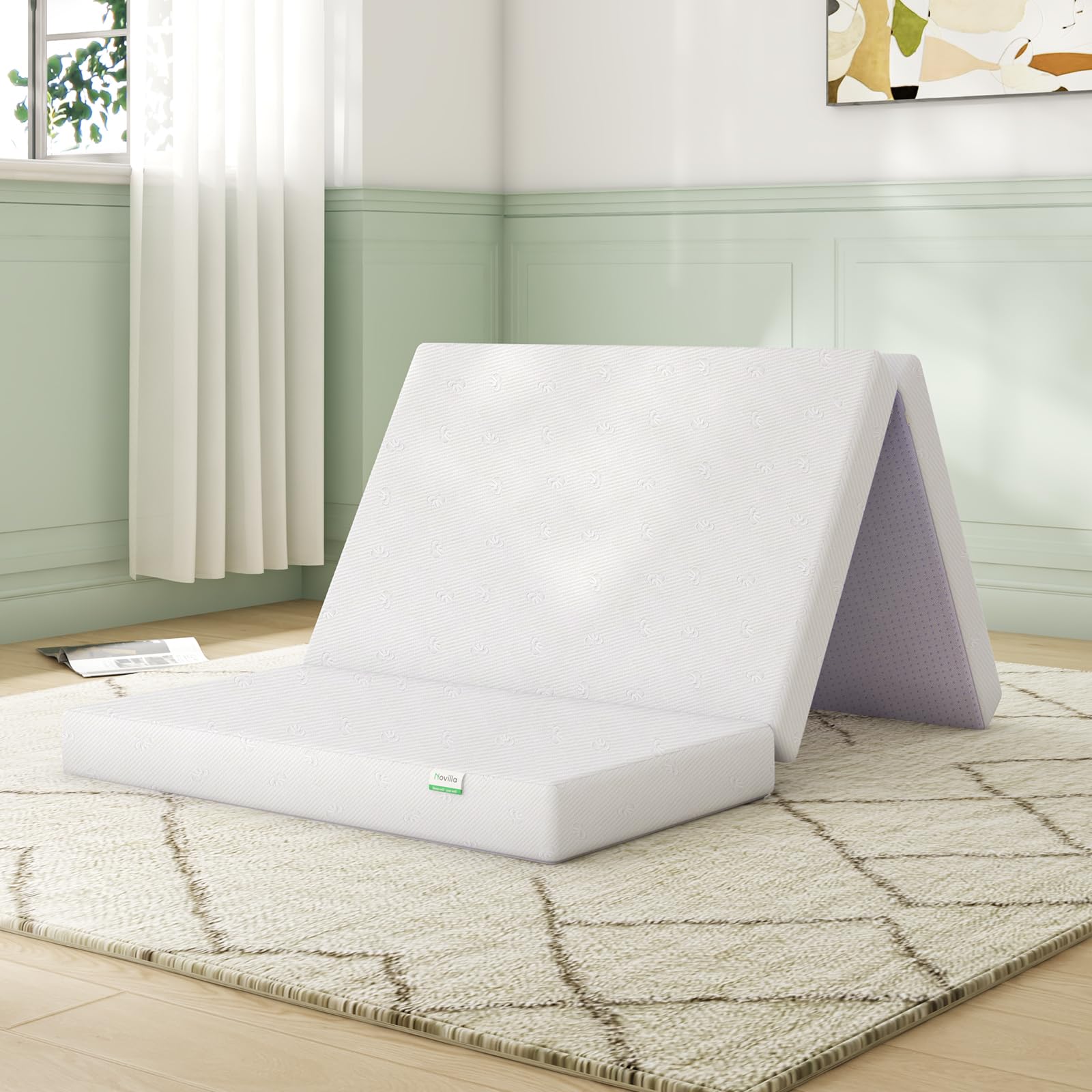 Novilla 4 Inch Full Size Folding Mattress - Responsive Comfort Foam, Breathable & Washable Cover - Portable Trifold Floor Mattress for Camping, Guest Bed, Dorm Room & Home Use - Pain Relief & Support for Back & Joints