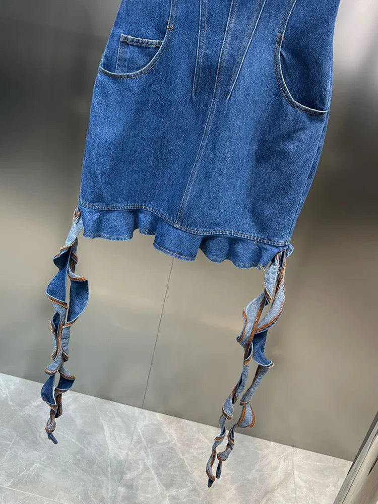 Trendy Strapless Denim Dress for Women with Waist Pocket & Spiral Decoration - Back Zipper Spring Fashion | Casual Outing, Date Night, Summer Party Wear