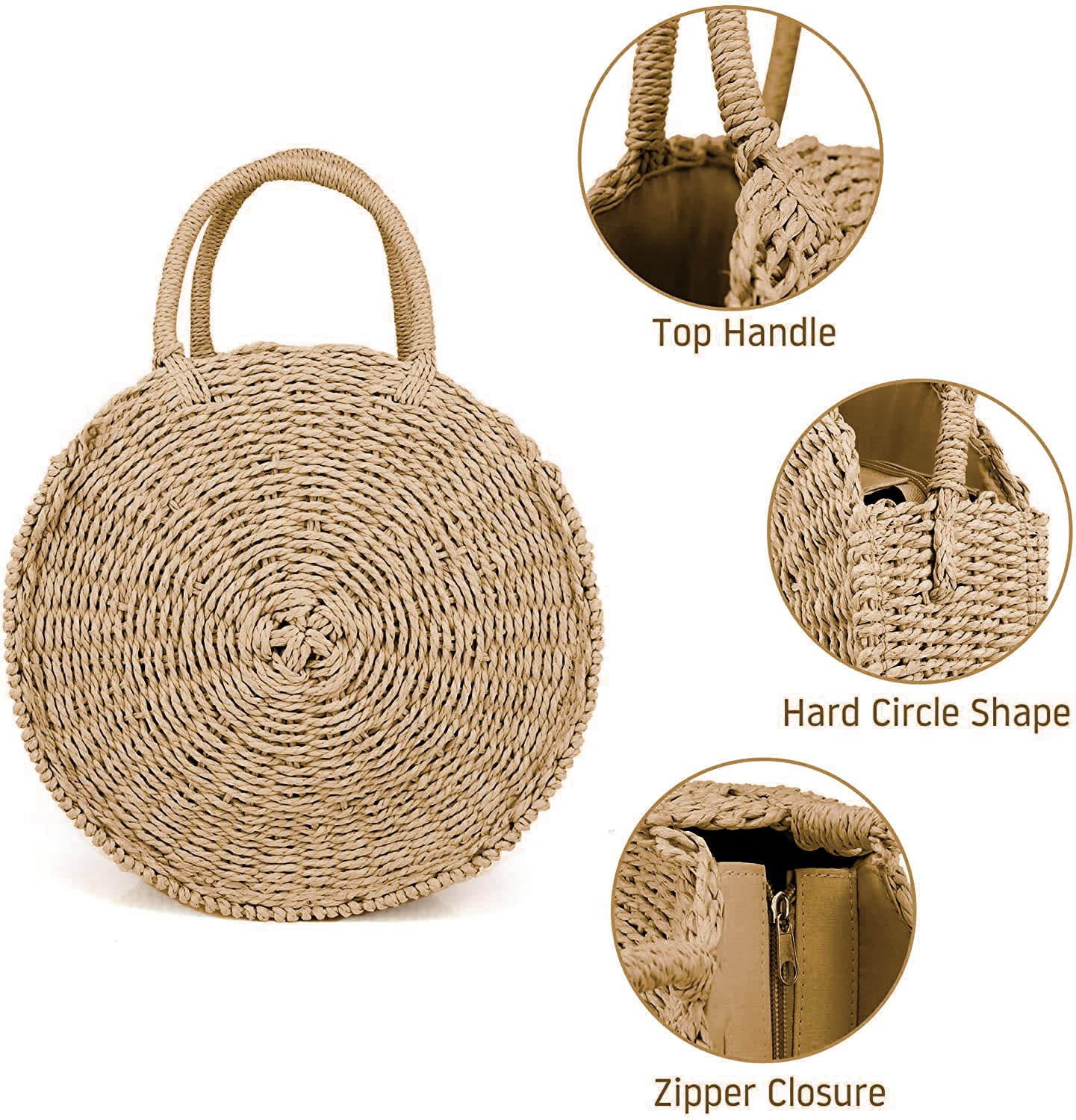 Women's Straw Beach Bag - Handwoven Round Rattan Crossbody Shoulder Bag for Summer Vacation, Pool Party & Boho Outfits