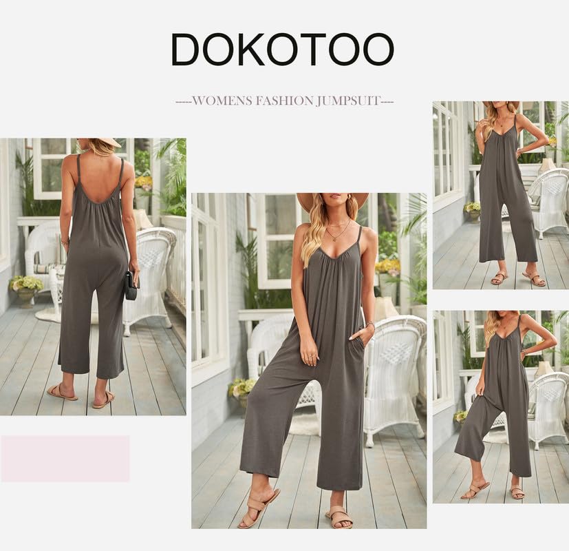 Dokotoo Women's Loose Sleeveless Jumpsuit with Adjustable Spaghetti Straps & Pockets - Stretchy Long Pant Romper for Summer, Beach, Travel & Casual Wear