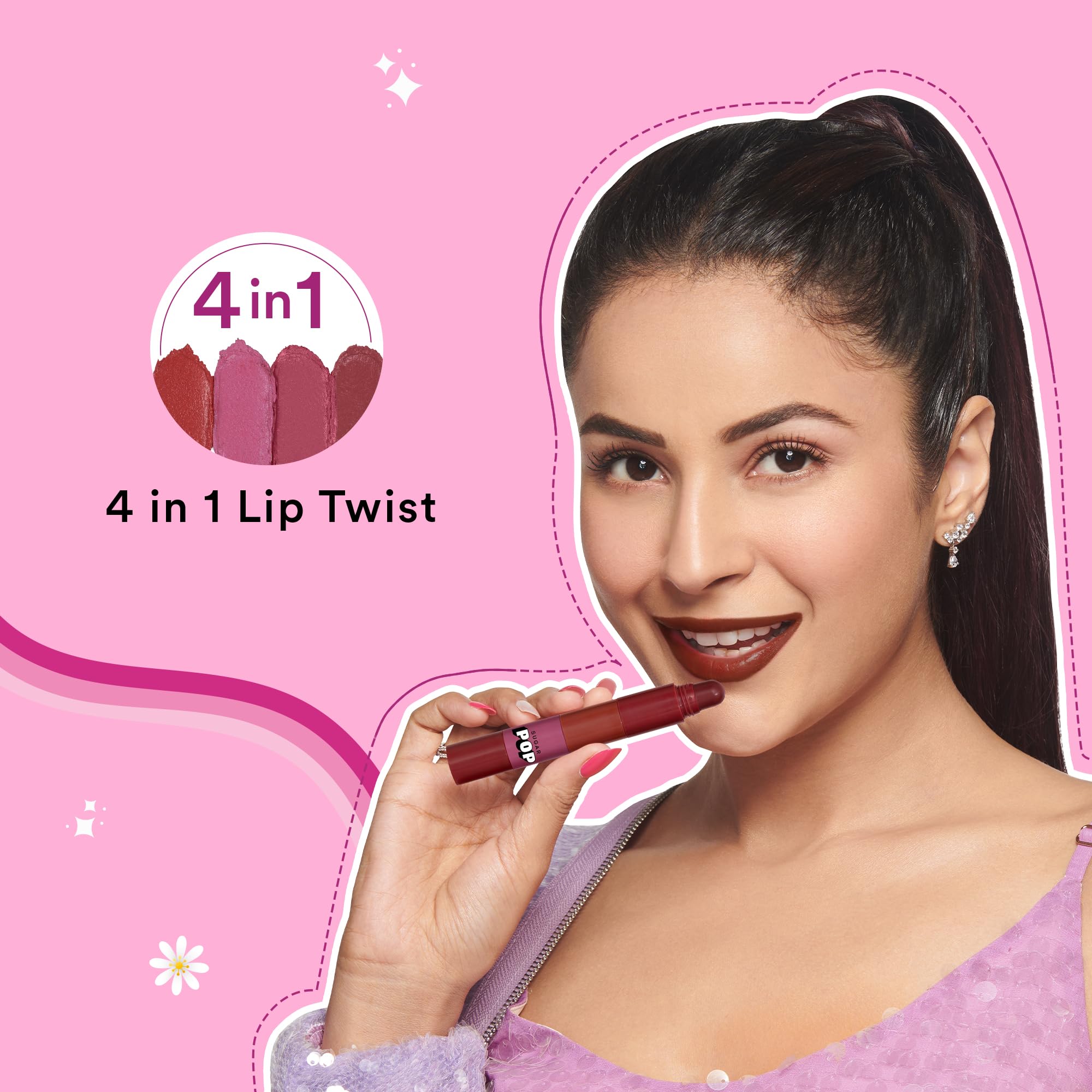 SUGAR POP 4 in 1 Lip Twist Stackable Lipstick Set - Hydrating Matte & Satin Finish with Castor Oil | 6.4g #03 Bare Perfection | Multi-Use Lip Color for Everyday Wear, Date Night & Special Occasions