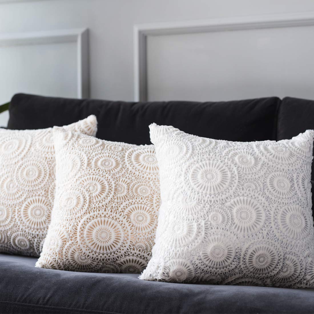 Premium 18x18 Inch Throw Pillow Covers Set of 2 - Soft White Faux Fur with Elegant Silver Floral Print - Decorative Square Cushion Cases for Sofa, Bed & Farmhouse Decor (45x45 cm) - Perfect for Living Room, Bedroom & Cozy Home Accents