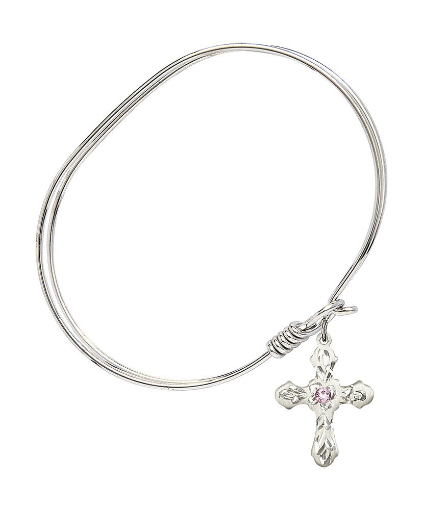 7 Inch Oval Eye Hook Bangle Bracelet with Cross Medal Charm and Light Purple Crystal - Elegant Jewelry for Women, Perfect for Parties, Weddings and Everyday Wear