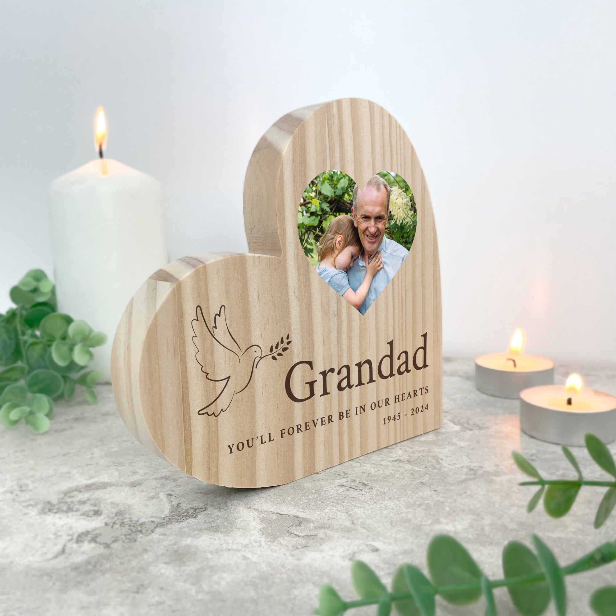 Personalized In Loving Memory Dove Photo Frame - Freestanding Wooden Heart Memorial for Loved Ones - Perfect for Home Decor, Funeral, or Sympathy Gift