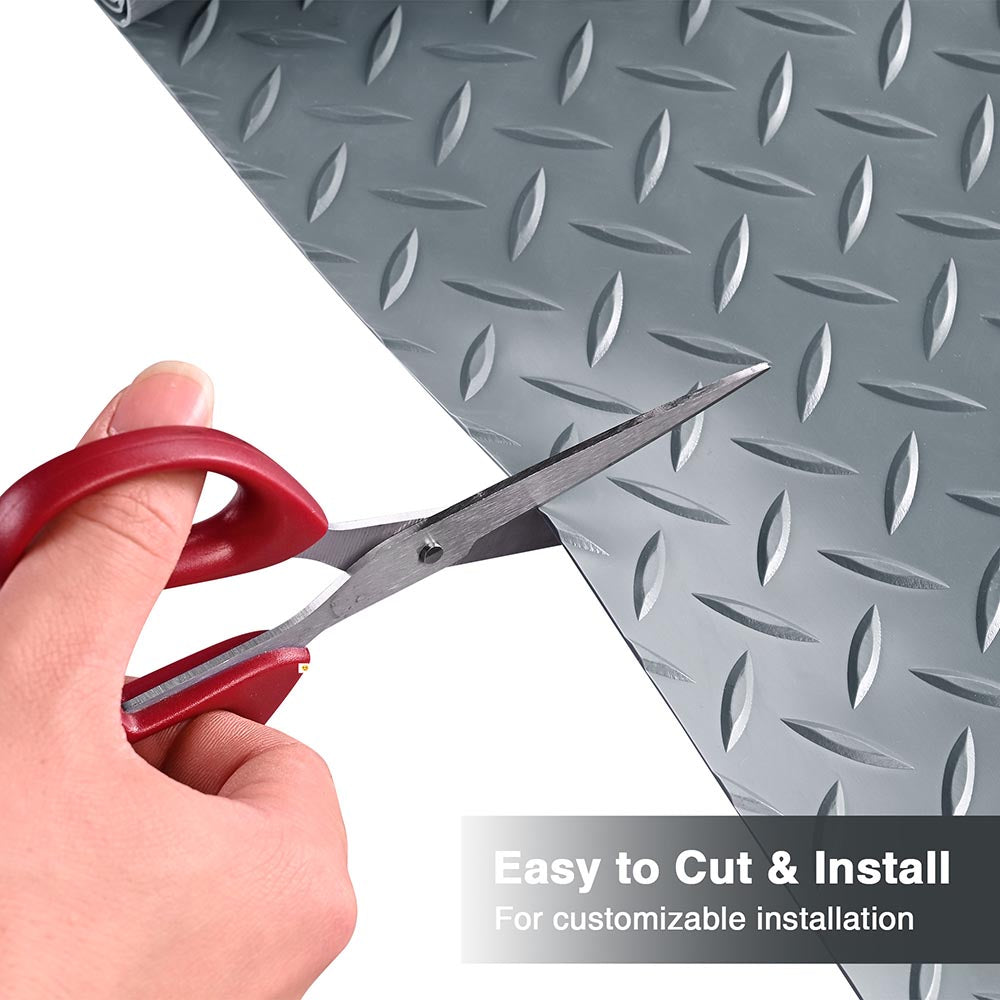 4x9ft Garage Flooring Mat - Diamond Pattern Vinyl Flooring Roll, Durable & Slip-Resistant for Workshop, Gym, Basement & Garage Floor Protection - Gray