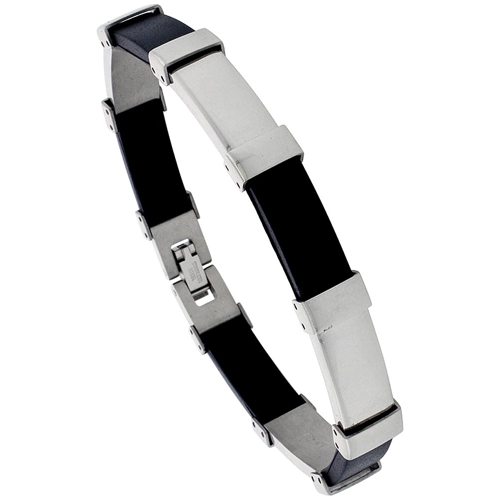 Sabrina Men's Stainless Steel Bracelet with Black Rubber Accent - 8 Inch Adjustable Wristband for Casual Wear, Gifts & Everyday Fashion