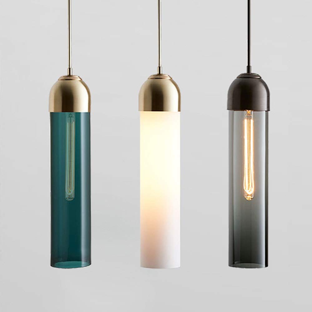 Modern Kitchen Island Pendant Light - Cylindrical Glass Chandelier with Flute Bulb Socket, Smoke Gray | Stylish Ceiling Lighting for Dining Room, Living Room & Bedroom Decor