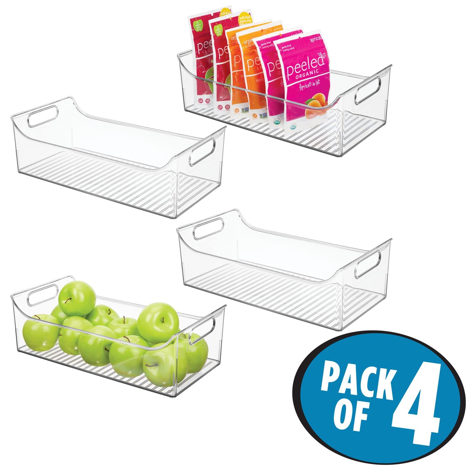 mDesign Slim Plastic Kitchen Pantry Cabinet Organizer Bins - 4 Pack Clear Storage Containers with Handles for Fridge, Freezer, Pantry - Perfect for Organizing Fruits, Yogurt, Snacks, Pasta - 16