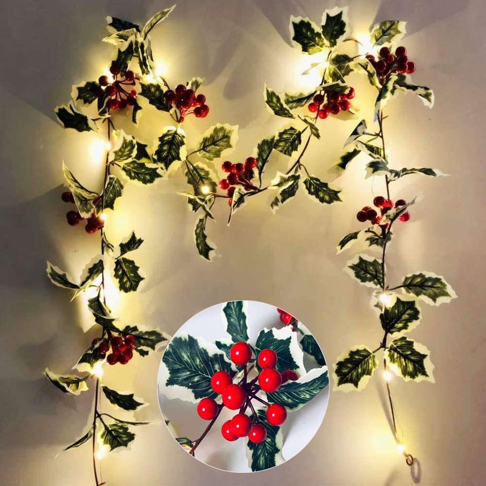 20 LED Christmas Garland with Red Berries - Battery Operated for Fireplace & Mantel Decor