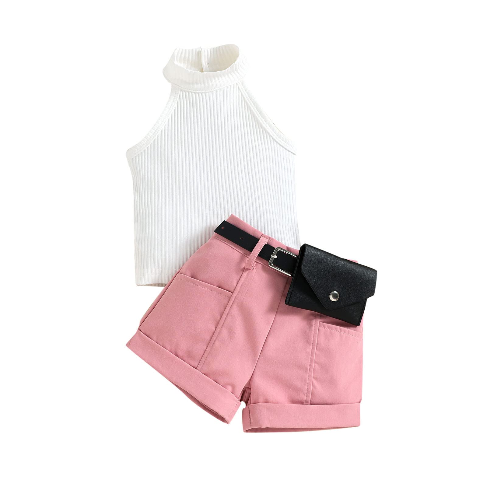 2 Pack Summer Toddler Girls Sleeveless Ribbed Vest Tops & Shorts Set with Belt Waist Bag - Cute 14 Girls Clothing Outfit for Beach, Playdate & Casual Wear